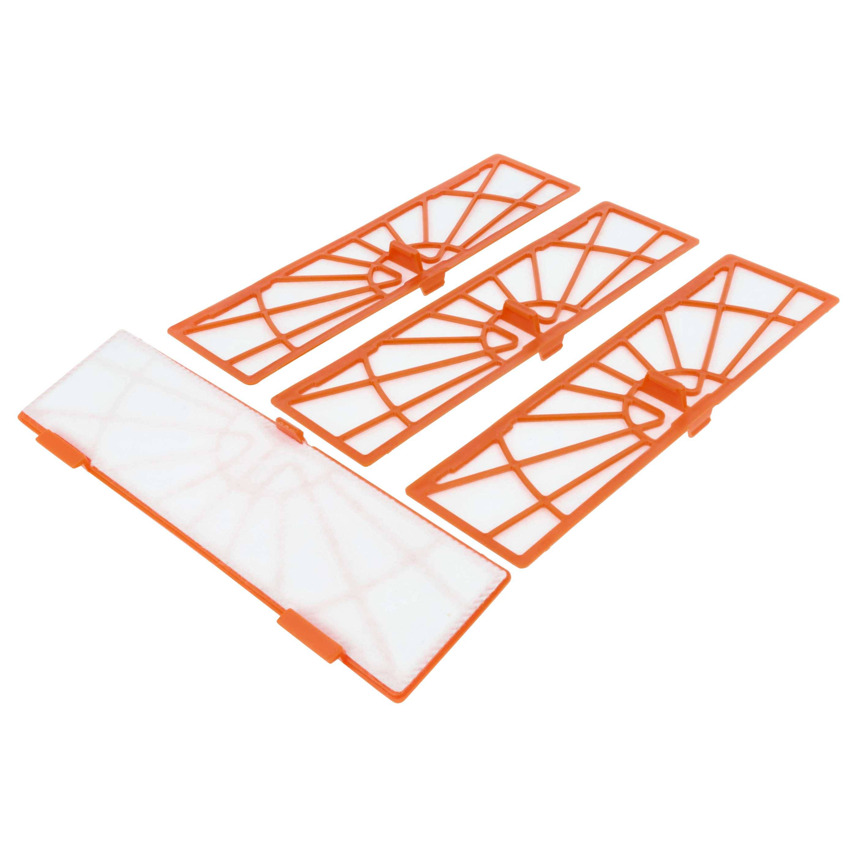 Drei rechteckige orange-weiße Filter, höchstwahrscheinlich für einen Staubsauger, sind nebeneinander auf einem schlichten Hintergrund ausgerichtet.