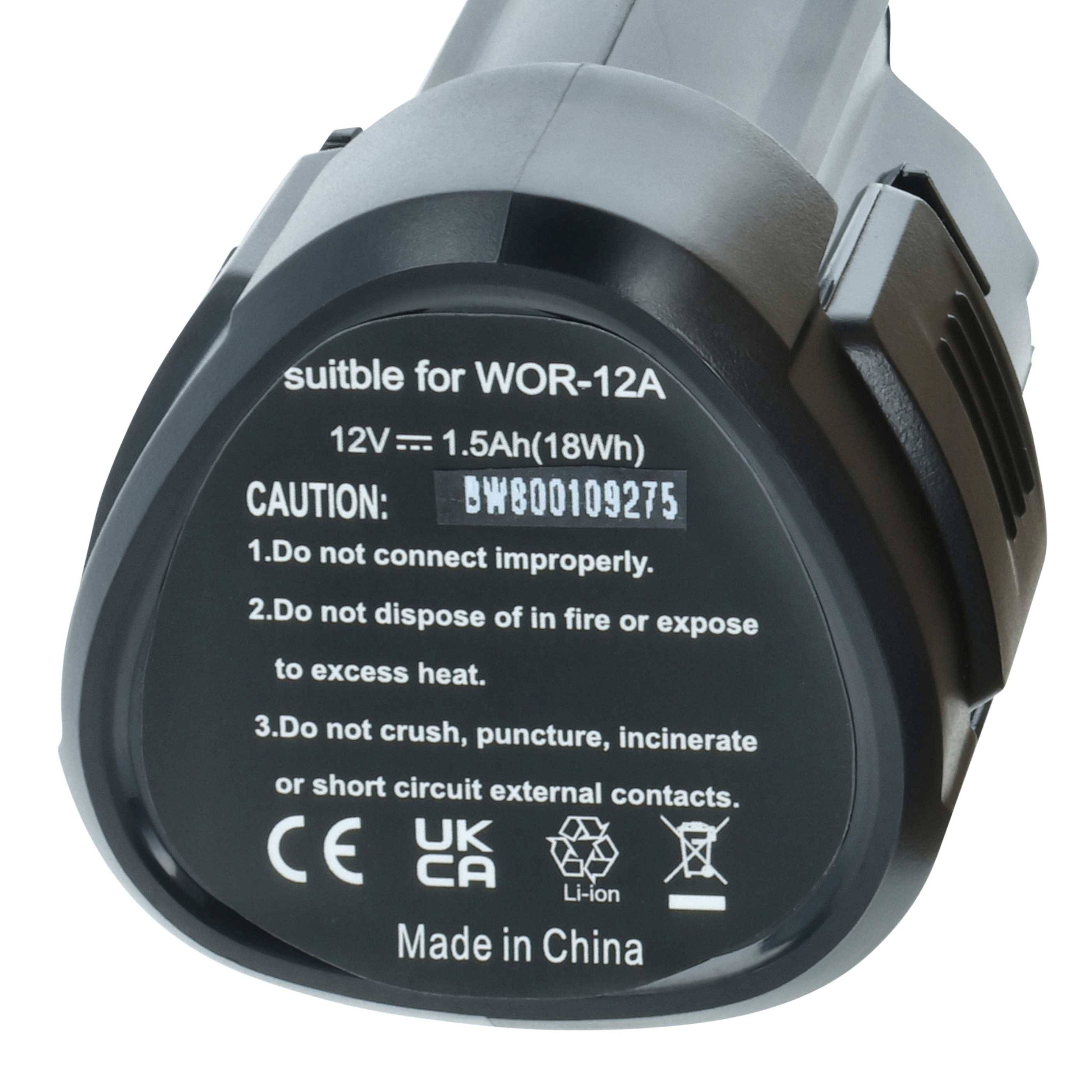 Eine schwarze Batterie mit der Aufschrift „geeignet für WOR-12A