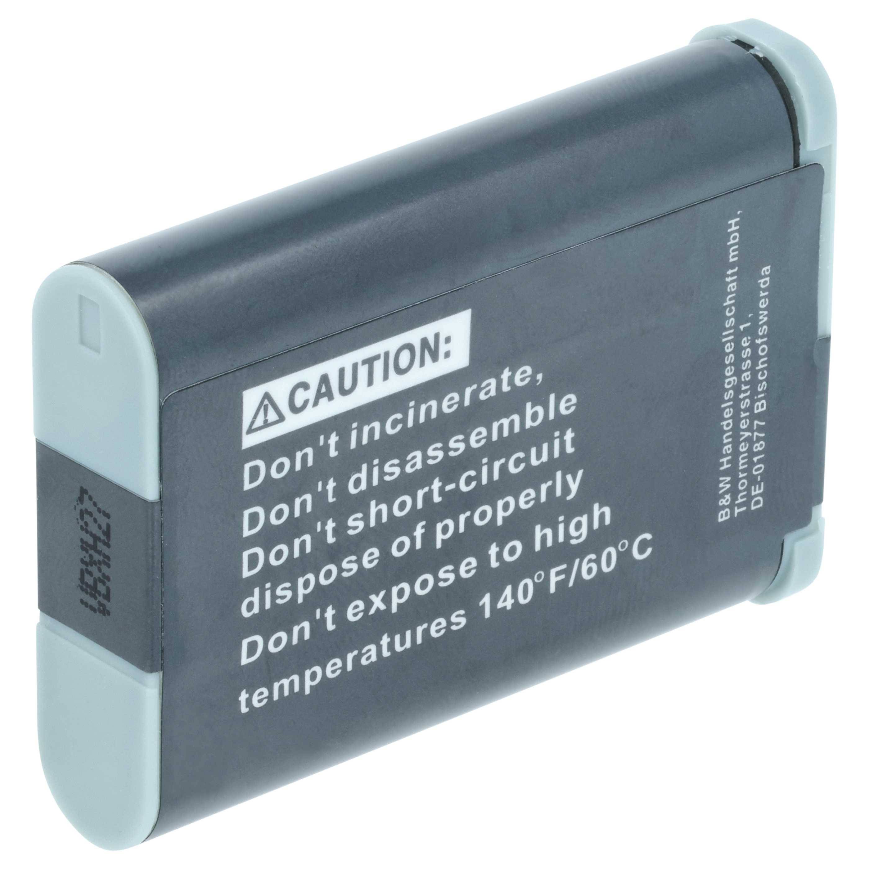 Batterie mit Vorsichtshinweisen: Nicht verbrennen, zerlegen, kurzschließen oder hohen Temperaturen (140°F/60°C) aussetzen.