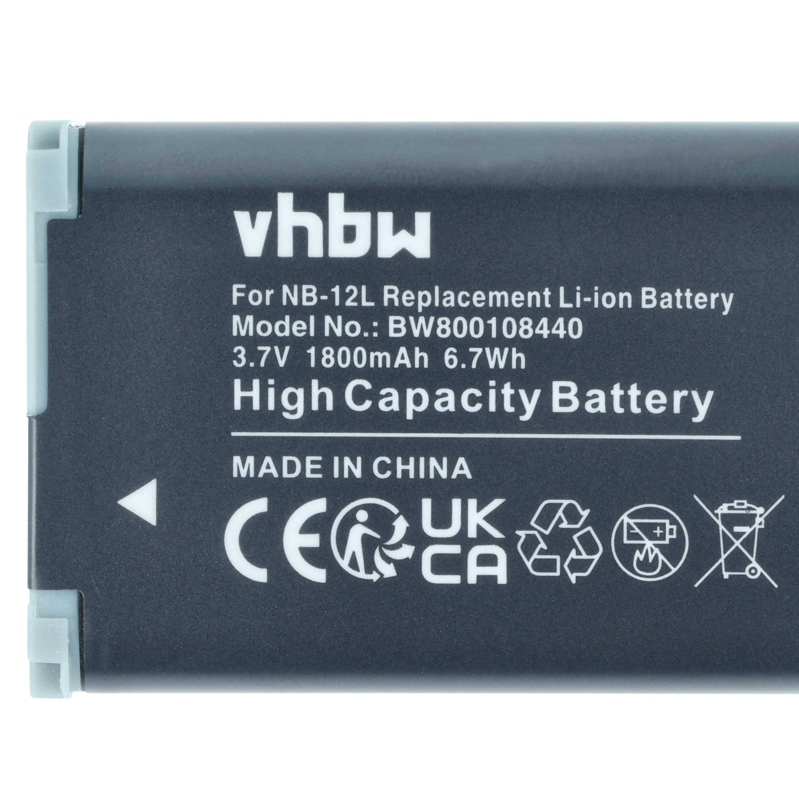 Akku mit Aufschrift 'vhbw NB-12L Ersatz Li-ion Akku' mit 1800mAh Kapazität. Text: 'Modell-Nr.: BW800108440, Hergestellt in China.