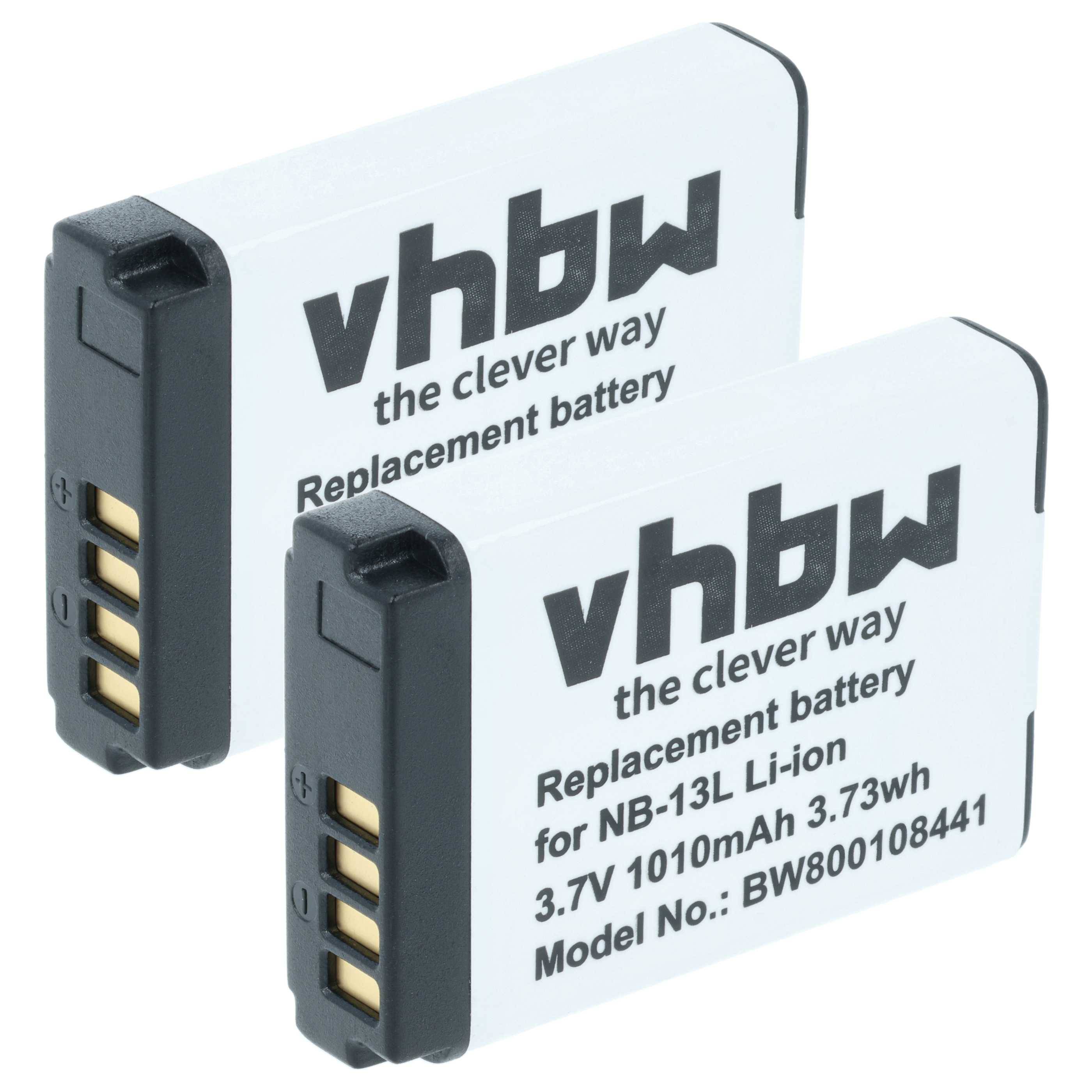Zwei weiße Ersatzbatterien mit schwarzen Oberteilen, gekennzeichnet mit 'vhbw the clever way', entwickelt für NB-13L Li-Ion, 3,7V 1010mAh.