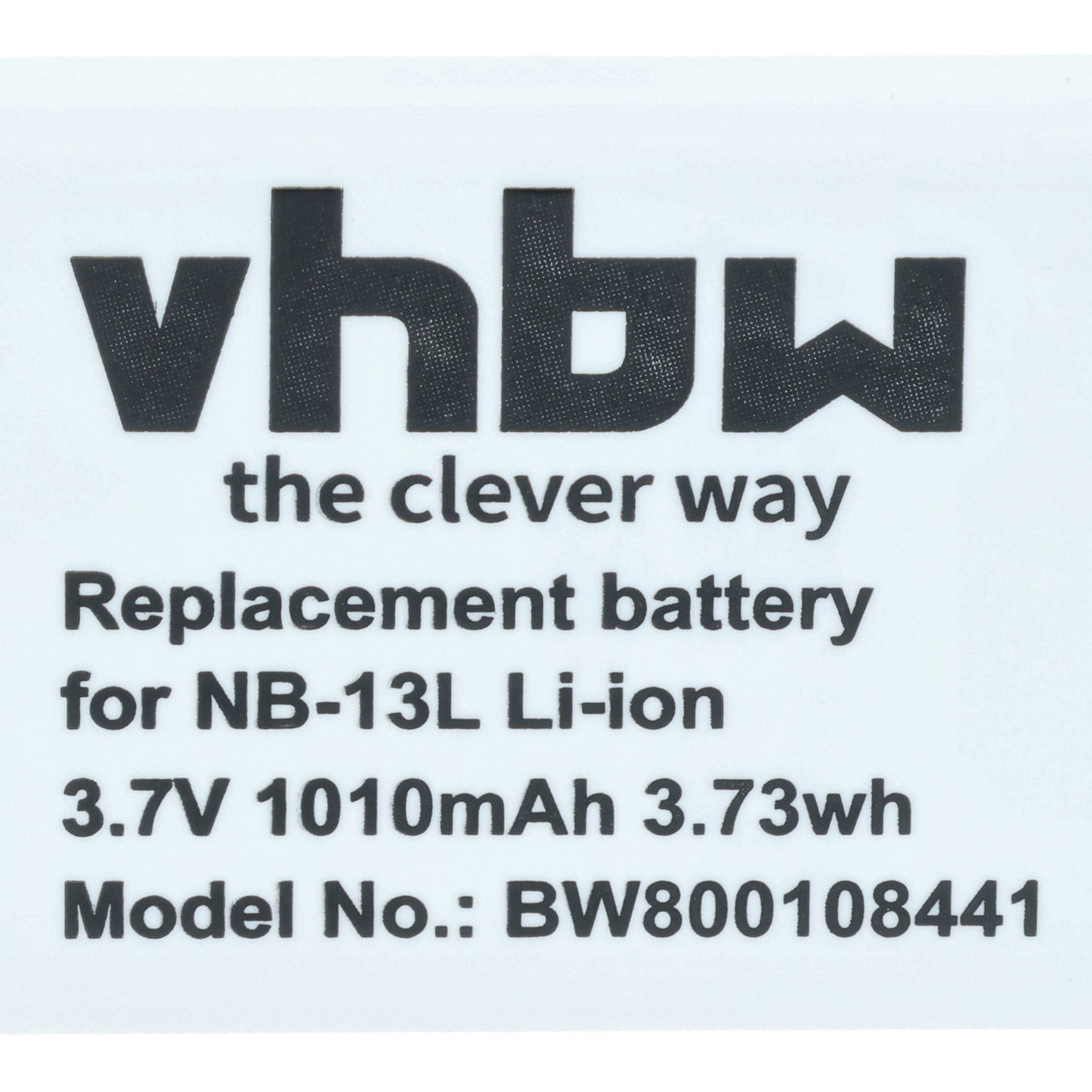 vhbw' Logo mit Text: 'der clevere Weg. Ersatzakku für NB-13L Li-Ion. 3,7V 1010mAh 3,73Wh. Modell-Nr.: BW800108441