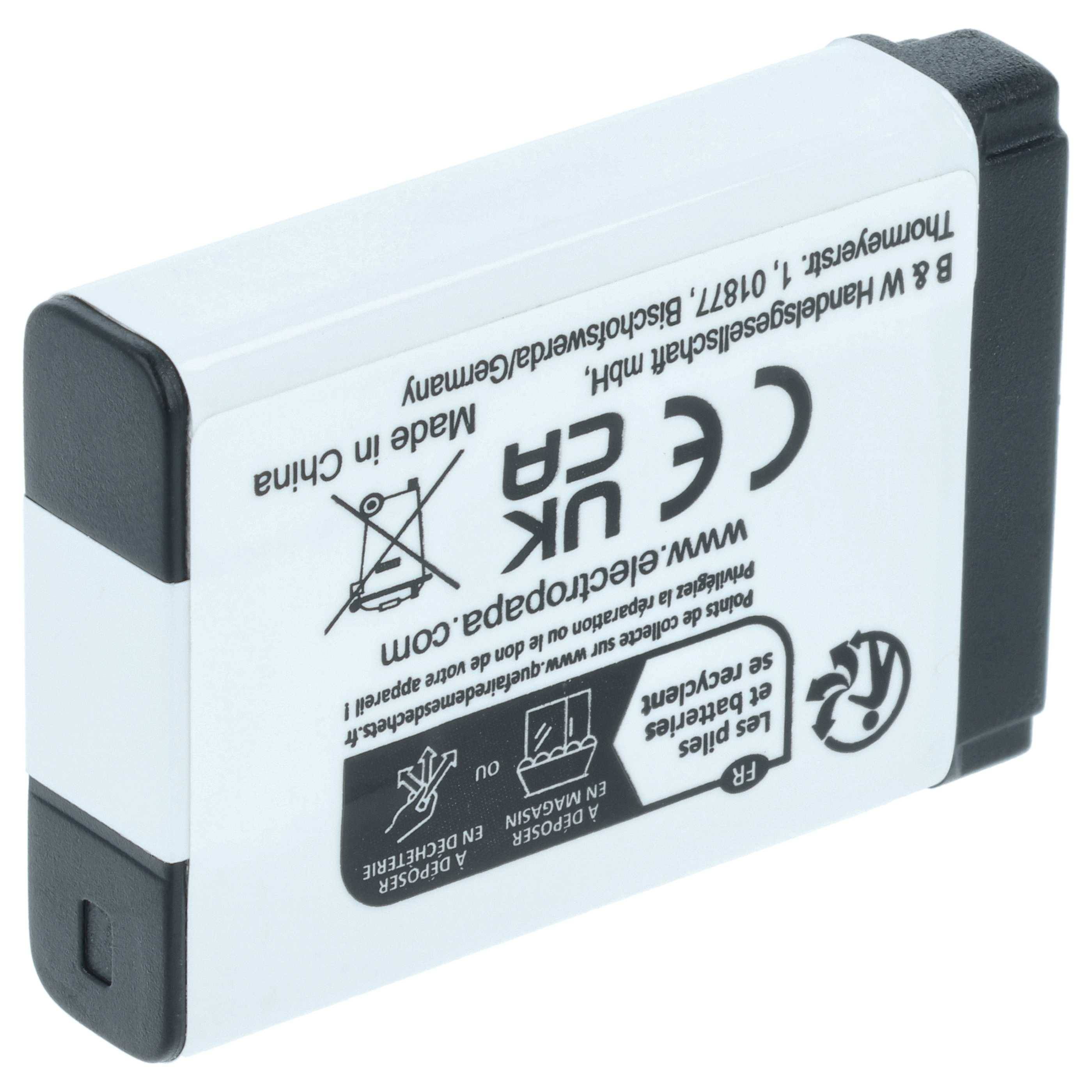 Eine rechteckige Batterie mit den Aufschriften 'CE', 'UK CA', die Konformitätsstandards kennzeichnen, '3,8V', 'Made in China' und Recycling-Symbolen.