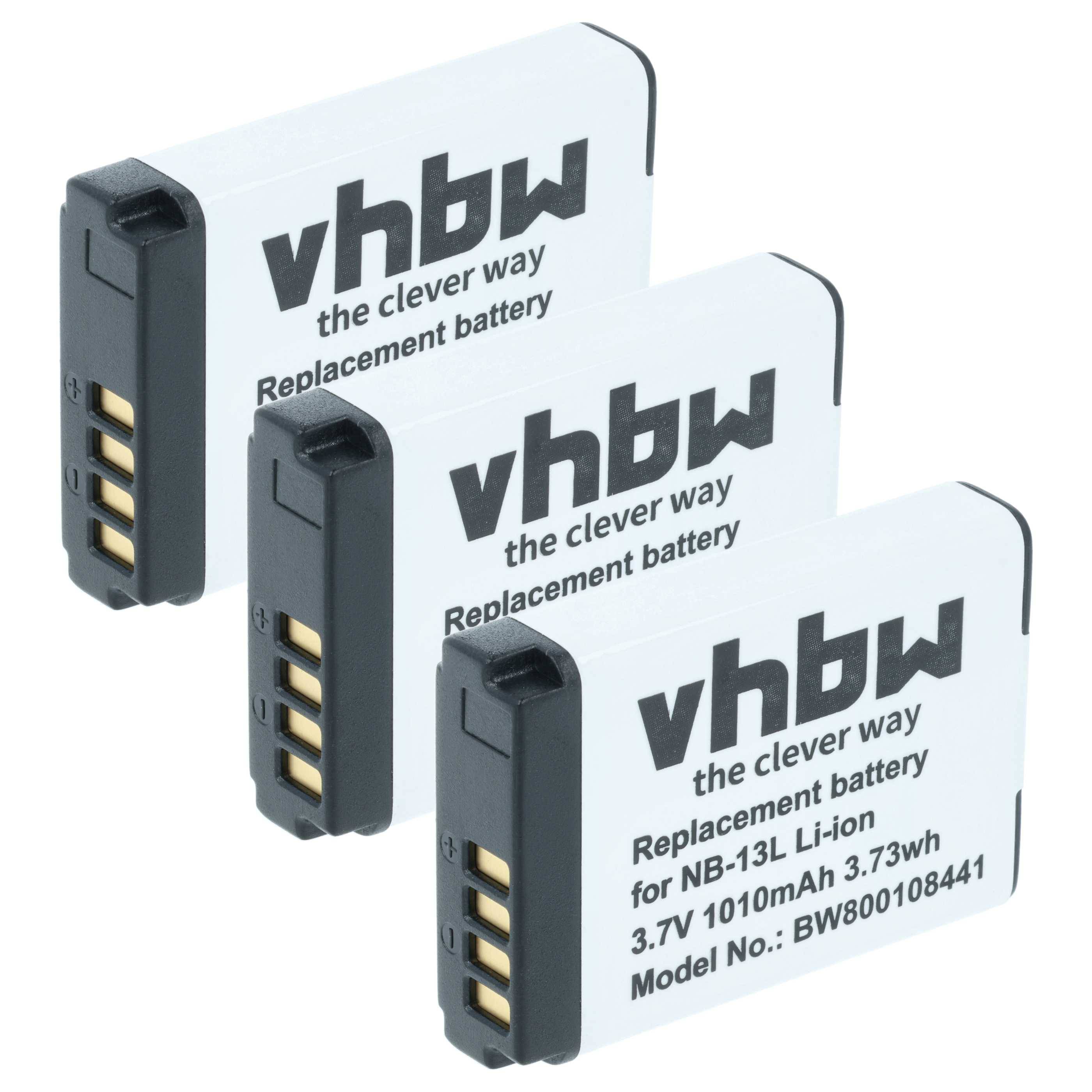 Drei VHbw Ersatzbatterien für NB-13L Lithium-Ionen Kameras, jeweils mit 3,7V, 1010mAh Kapazität.