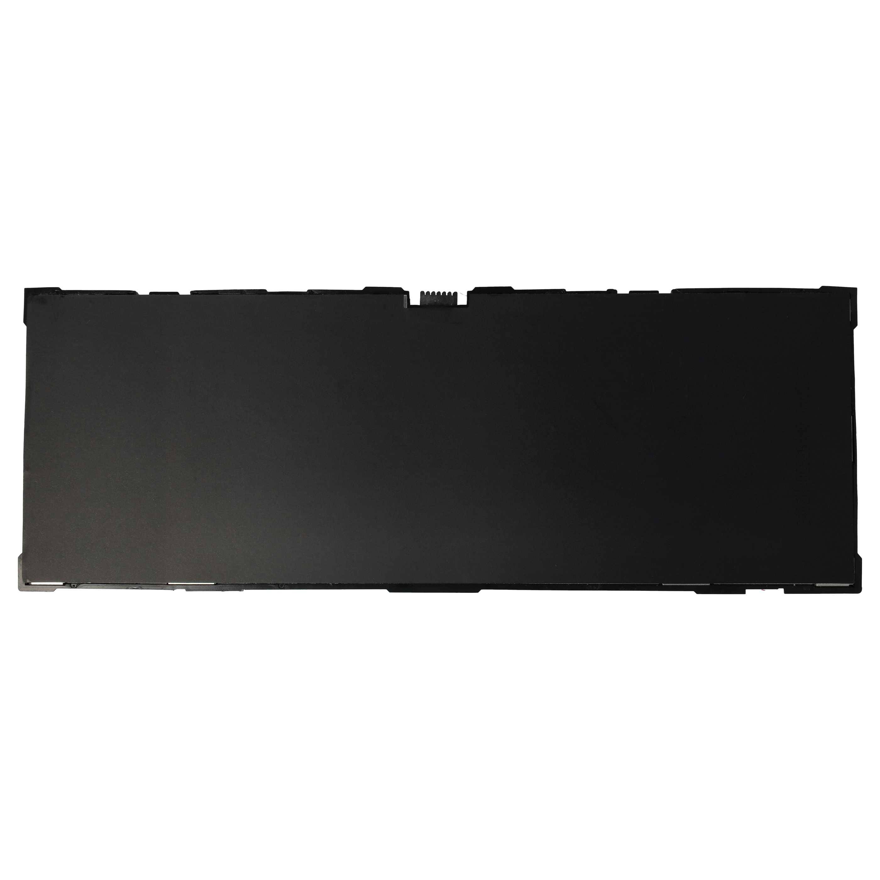 Eine schwarze Laptop-Batterie von oben betrachtet, die ihre rechteckige Form und Anschlussanschlüsse zeigt.