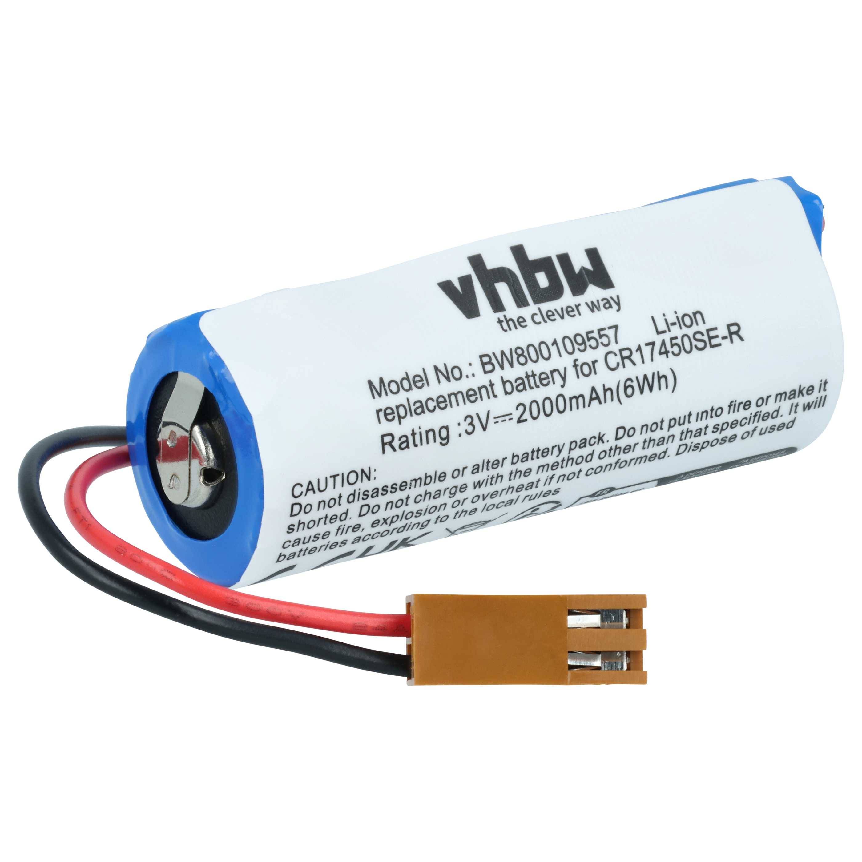 Eine zylindrische Lithium-Ionen-Batterie mit der Bezeichnung 'vhbw', Modell BWB00109557, 3,7V, 2000mAh, mit roten und schwarzen Kabeln und einem Anschluss.