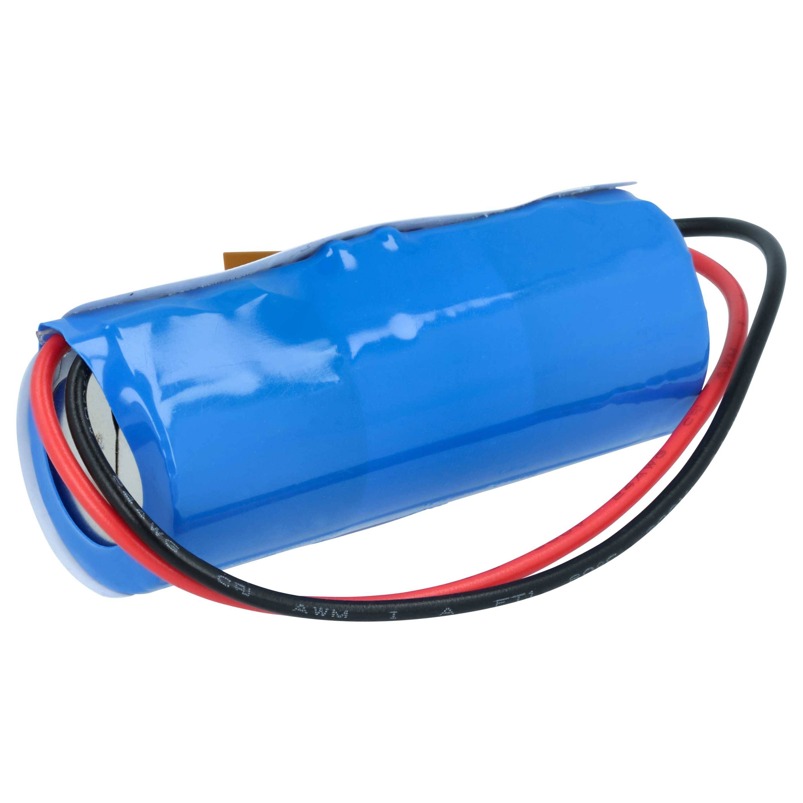 Eine blaue zylindrische Batterie mit angeschlossenen roten und schwarzen Kabeln, die zum Betrieb von Geräten verwendet wird.