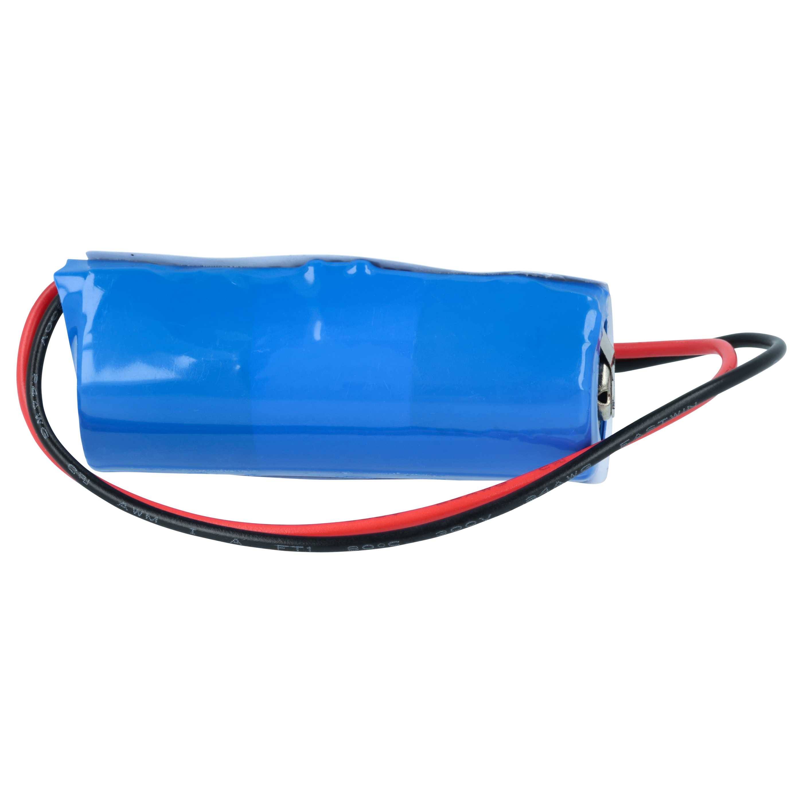 Eine blaue zylindrische Batterieverpackung mit roten und schwarzen Kabeln, die von einem Ende abstehen.