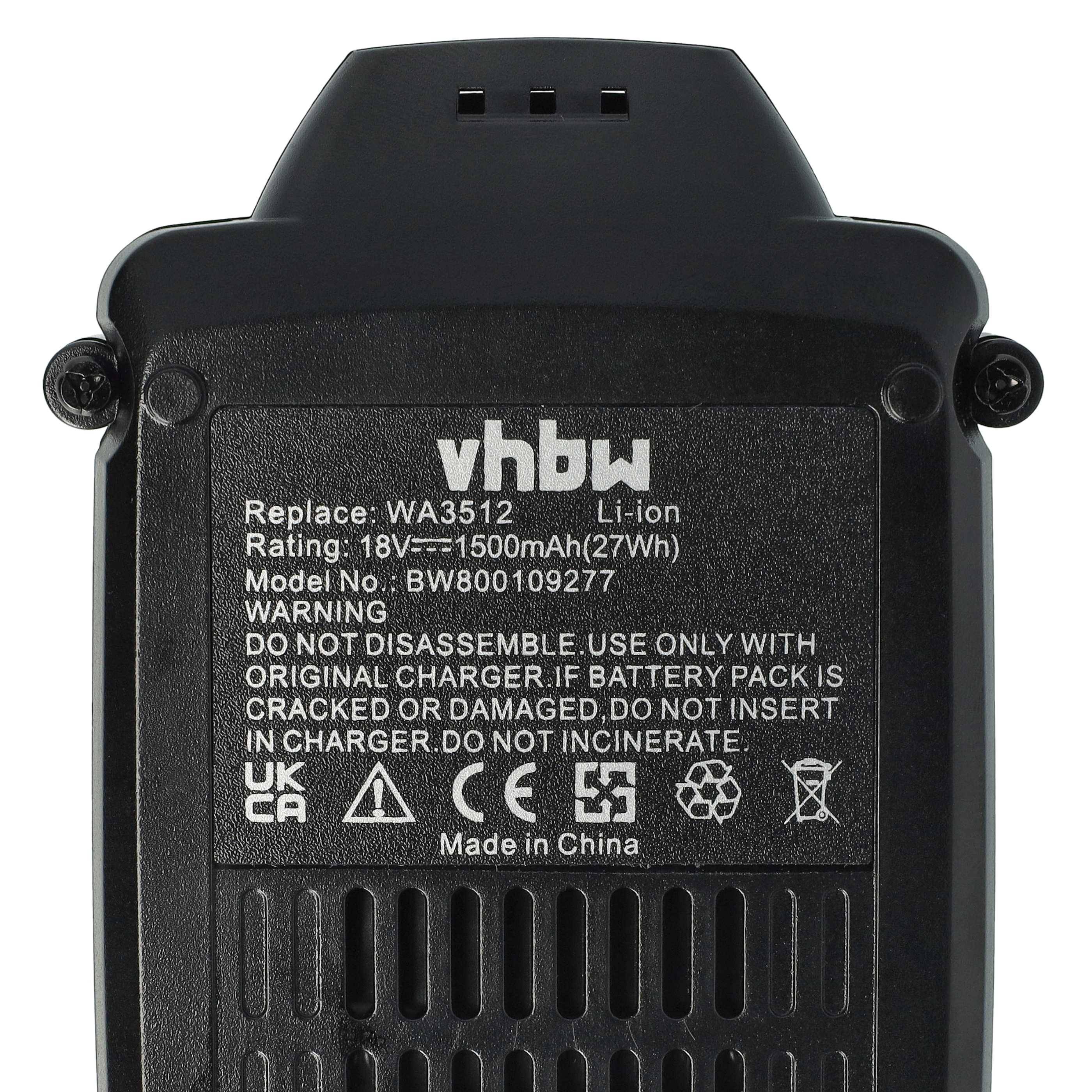 Schwarze Batteriebox mit Aufschrift 'vhbw'. Sie spezifiziert Li-Ion, Modell WA3512, 18V, 1500mAh (27Wh). Warnung: Nur mit Originalladegerät verwenden. Hergestellt in China.