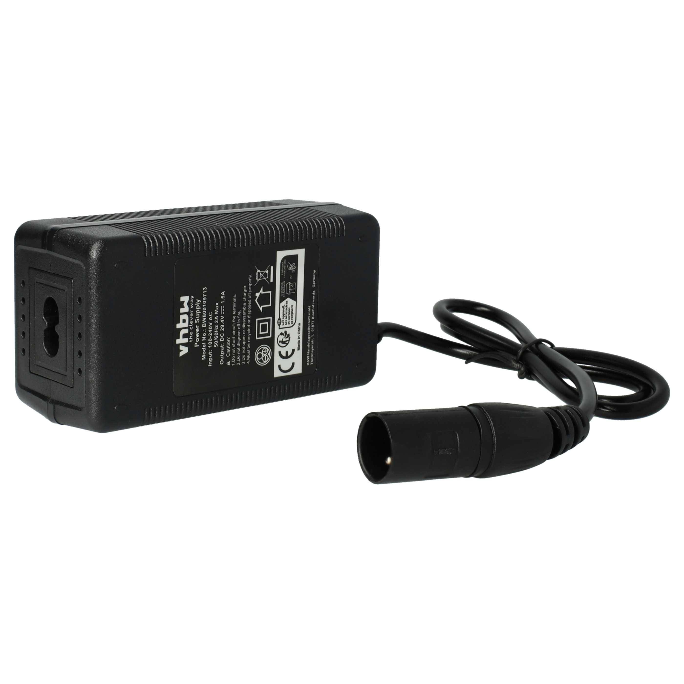 Ein schwarzes Netzteil mit einem dreipoligen Steckerkabel. Auf der Seite des Adapters sind technische Spezifikationen und Sicherheitszertifizierungen angebracht.