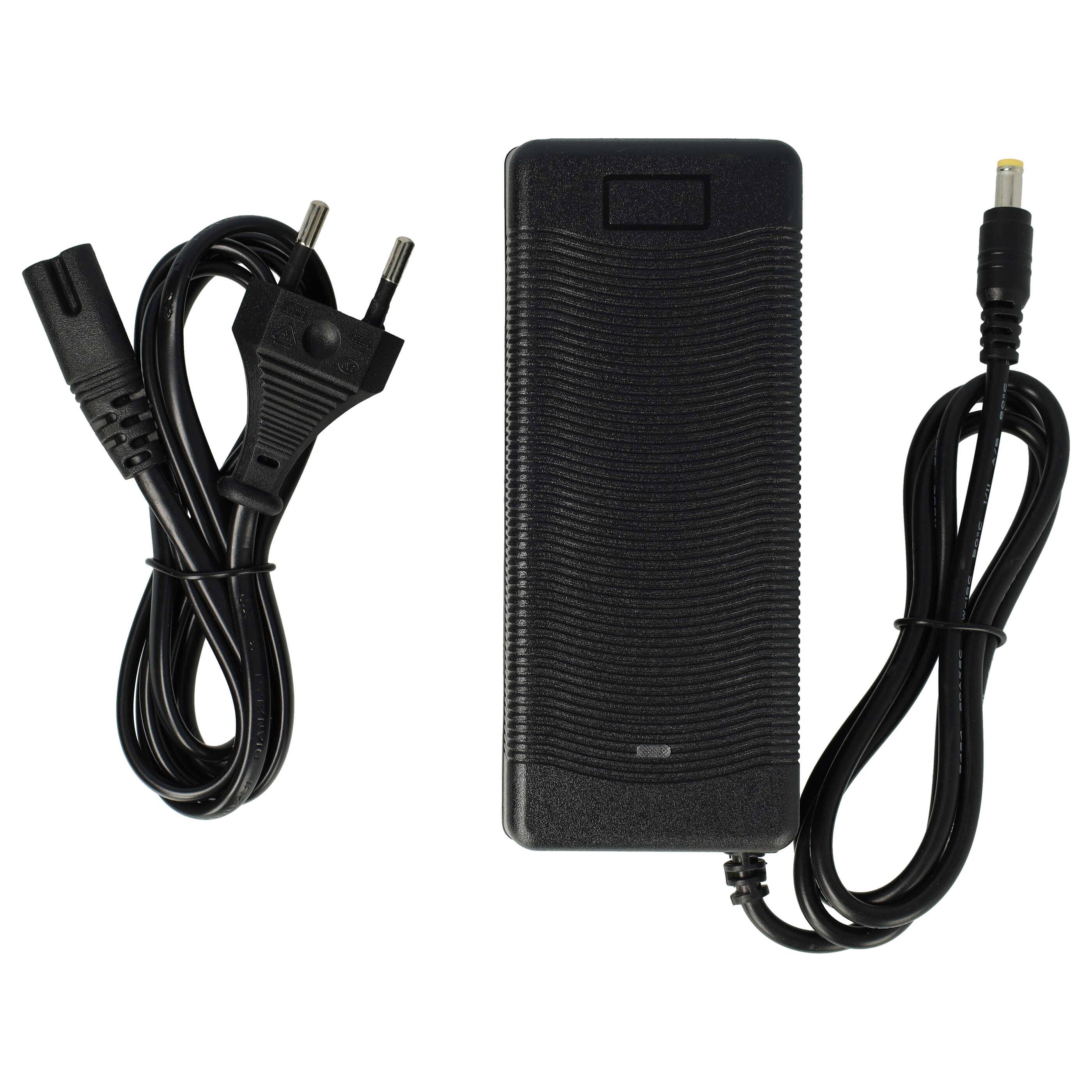 Ein schwarzer Stromadapter mit einem zweipoligen Stecker auf der einen Seite und einem Stecker auf der anderen Seite, zusammen mit einem abnehmbaren Stromkabel.