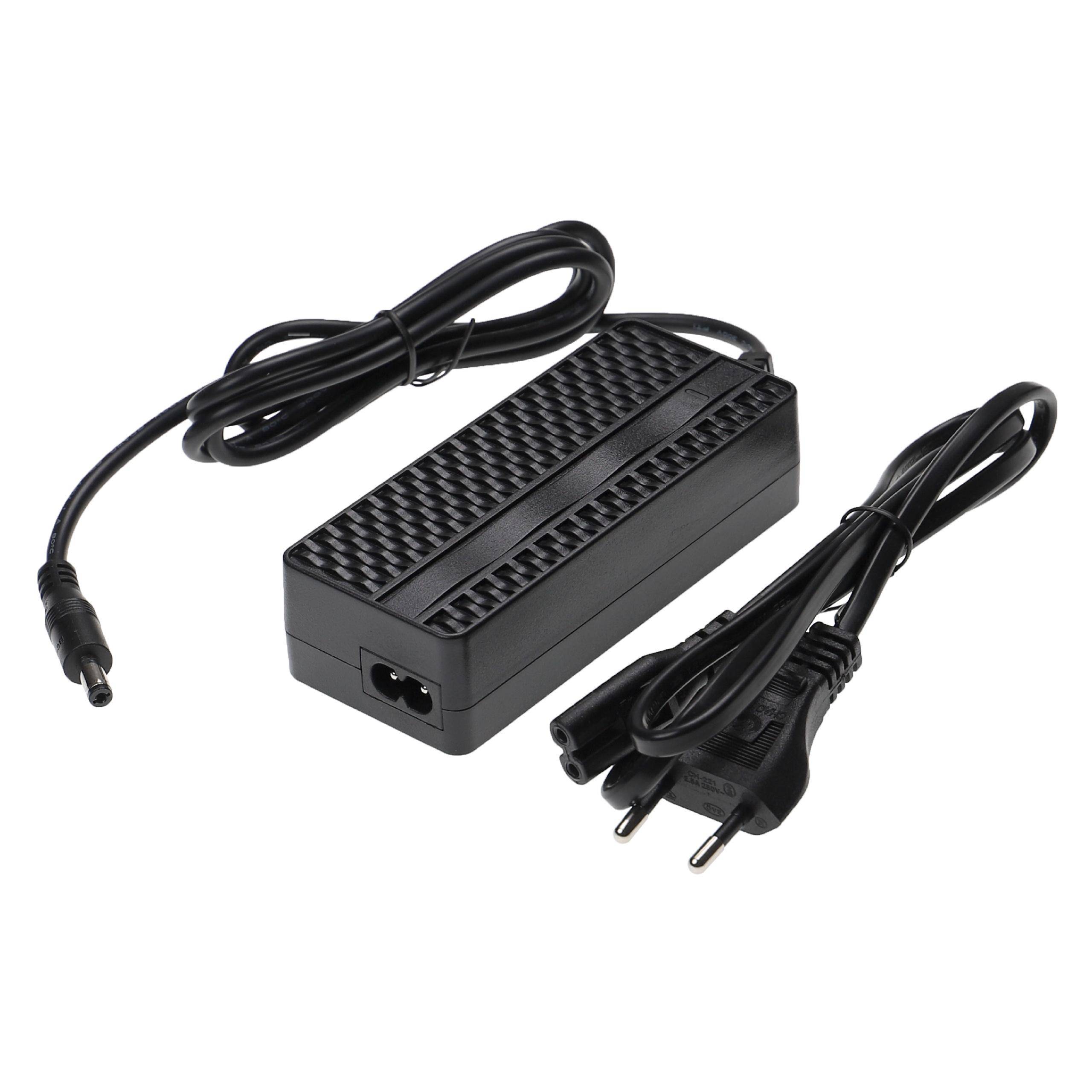 Ein schwarzer Stromadapter mit Karbonfasermuster, ausgestattet mit zwei verbundenen Kabeln: eines mit einem Stromstecker und das andere mit einem DC-Stecker.