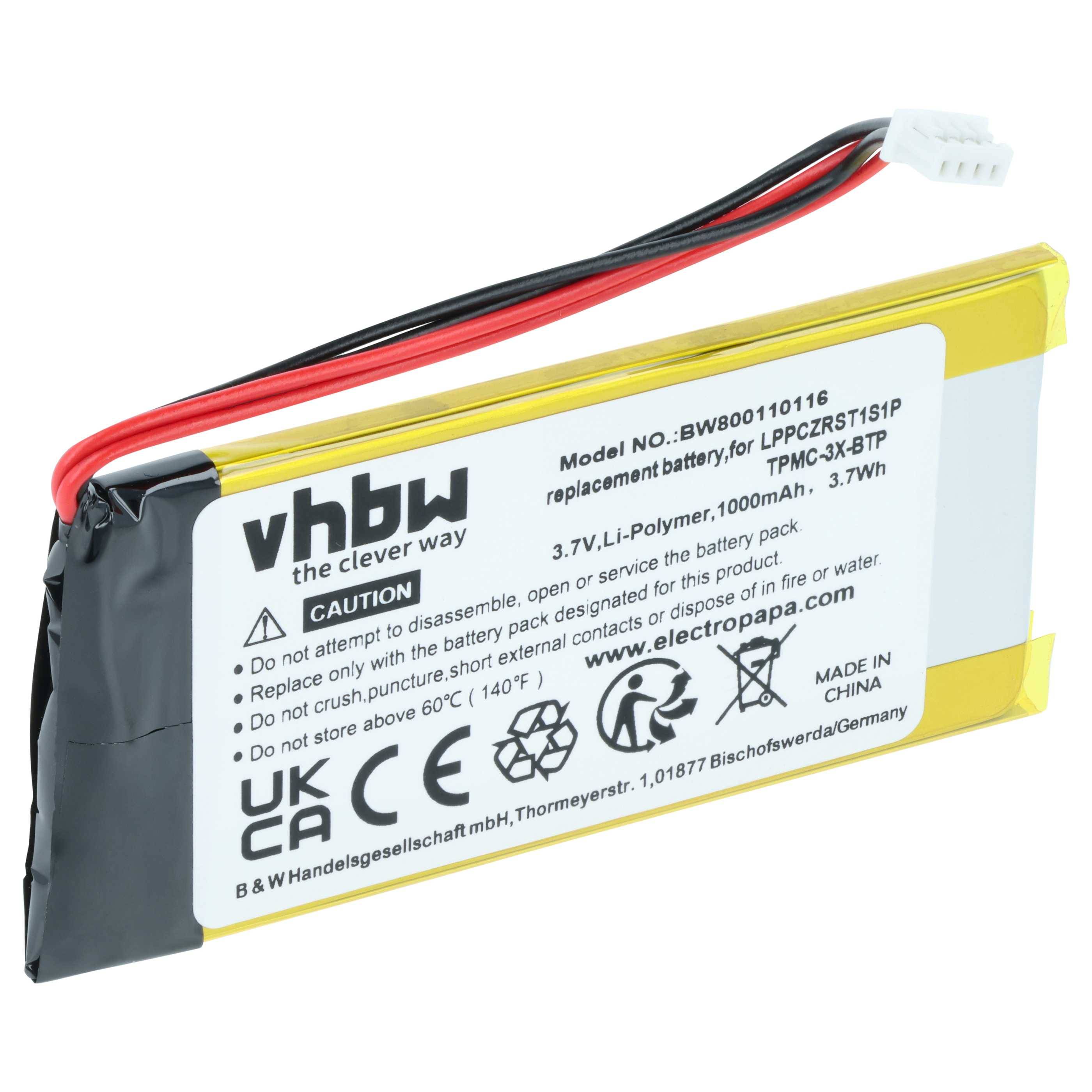 vhbw Akku kompatibel mit Creston TPMC-3X Touchpanel, MTX-3, Prodigy PTX3, TPMC-3X-L Fernbedienung Remote Control (1000 mAh, 3,7 V, Li-Polymer)