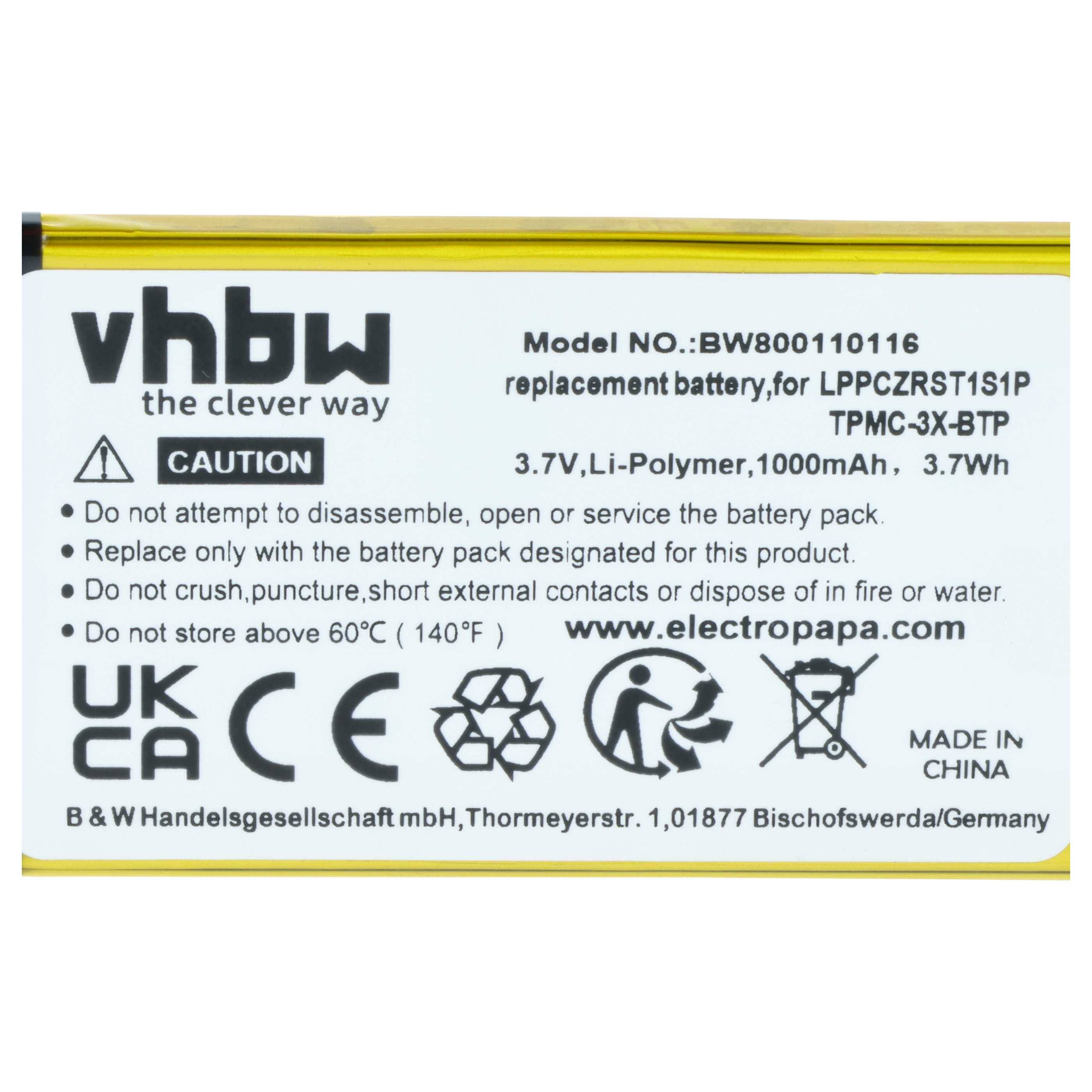 vhbw Akku kompatibel mit Creston TPMC-3X Touchpanel | MTX-3, Prodigy PTX3, TPMC-3X-L Fernbedienung Remote Control (1000 mAh, 3,7 V, Li-Polymer)