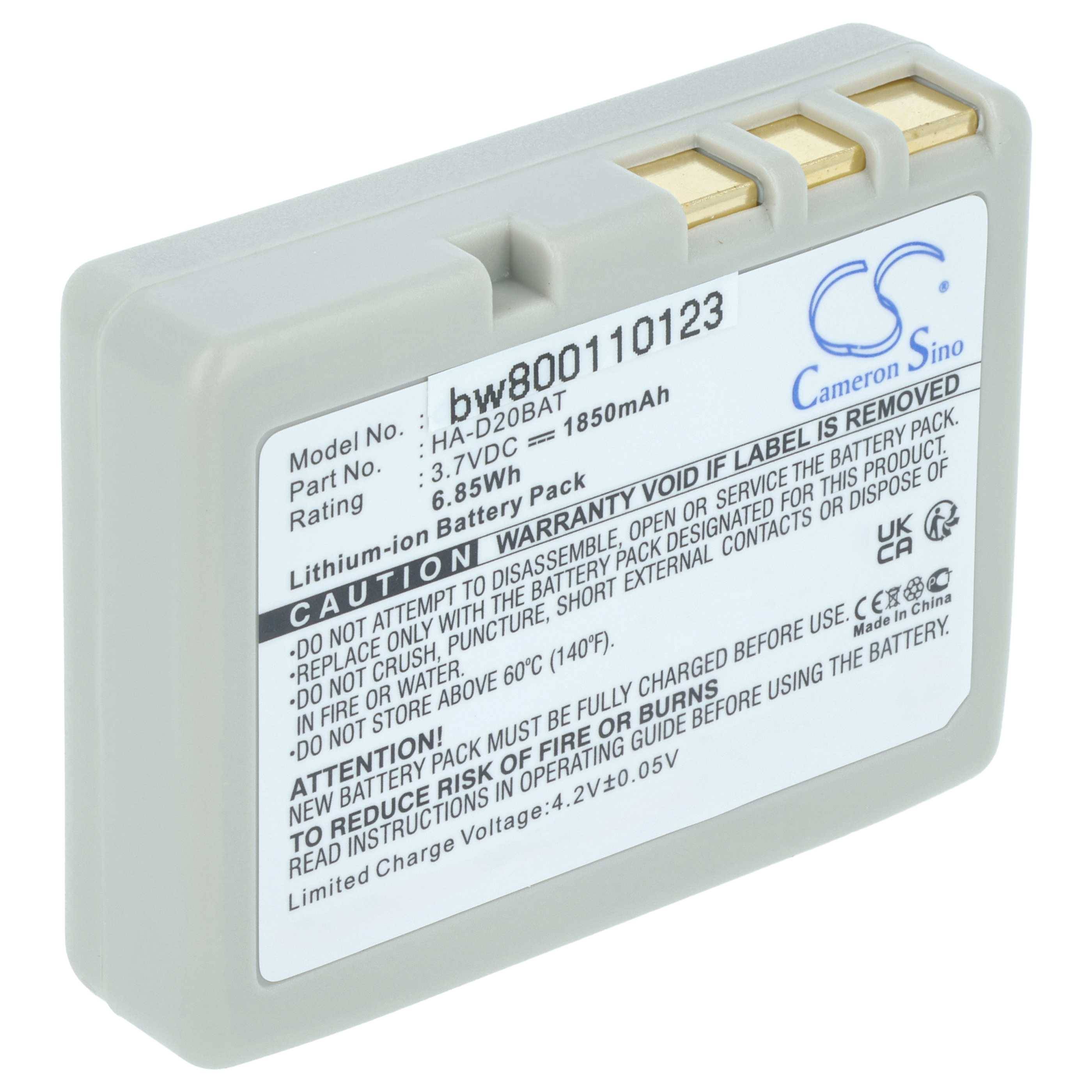 Lithium-Ionen-Akkupack mit Modell HA-D20BAT, 3,7V, 1850mAh. Enthält Warnung zur ordnungsgemäßen Verwendung und Risiko des Verlusts der Garantie bei Ablösung.