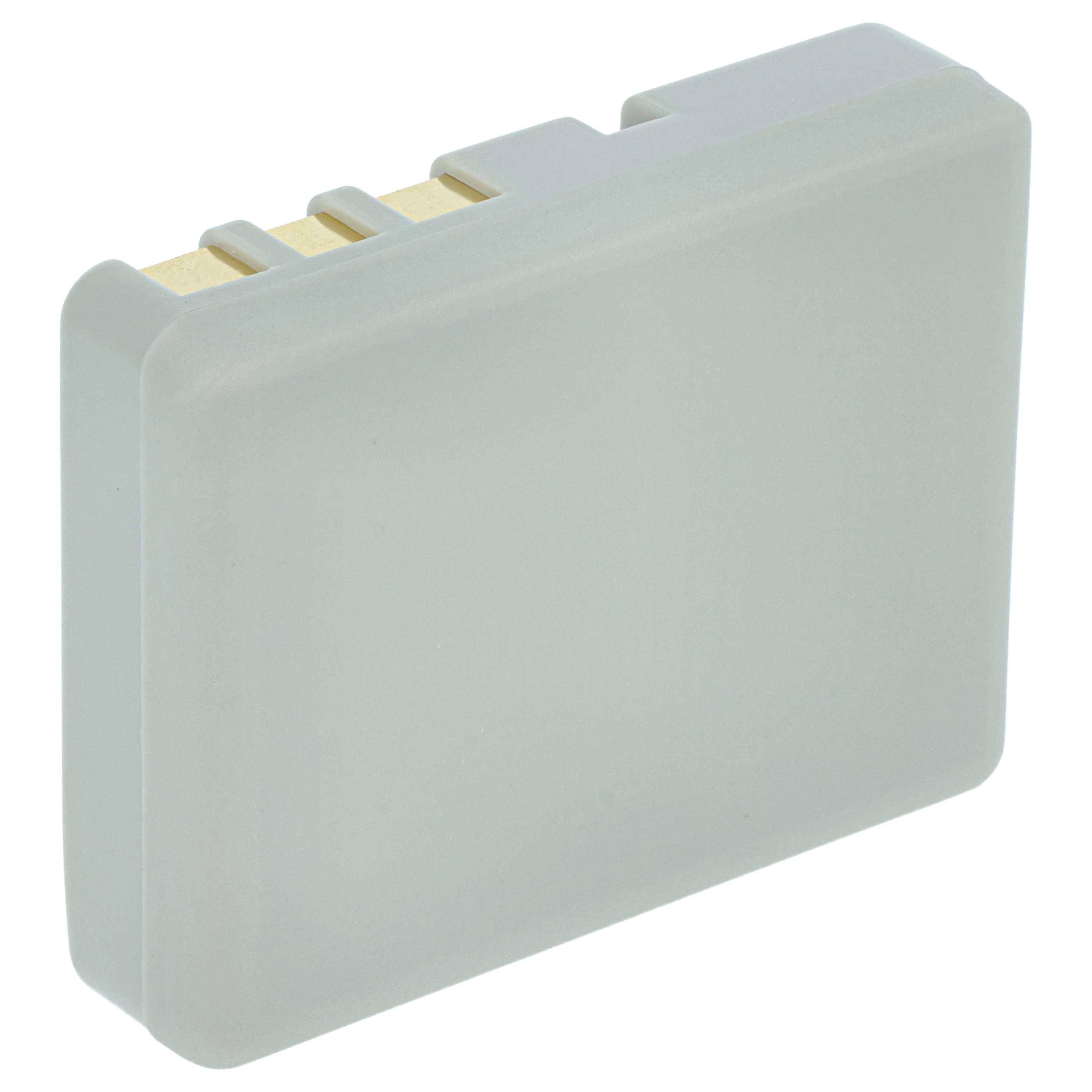 Ein Nahaufnahmebild einer grauen rechteckigen Batterie mit sichtbaren goldfarbenen Kontakten auf einer Seite, die typischerweise in elektronischen Geräten verwendet wird.