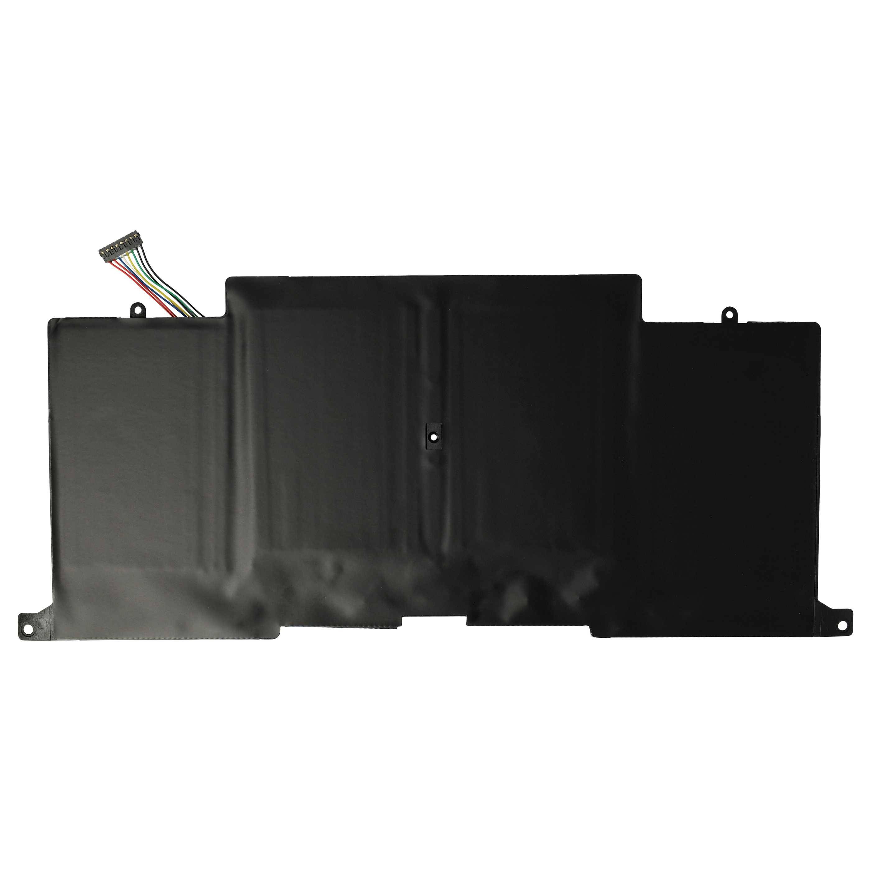 Ein schwarzer rechteckiger Laptop-Akku mit mehreren Abschnitten und einem mehrfarbigen Steckverbinder, der sich von der oberen linken Ecke erstreckt.