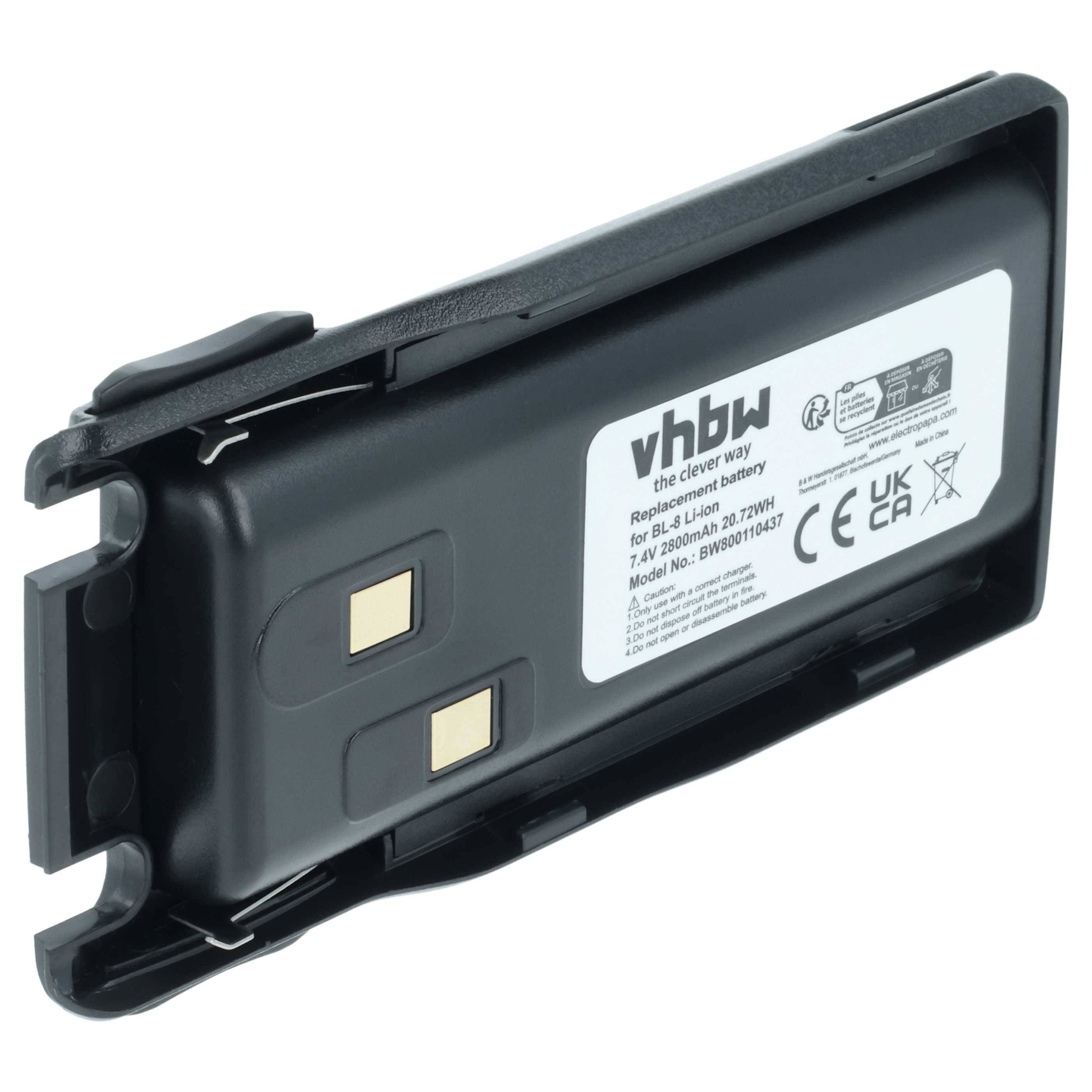 Eine wiederaufladbare Batterie mit der Beschriftung 'vhbw', auf der Anschlussports an der Seite sichtbar sind und Sicherheitssymbole auf einem weißen Aufkleber angebracht sind.