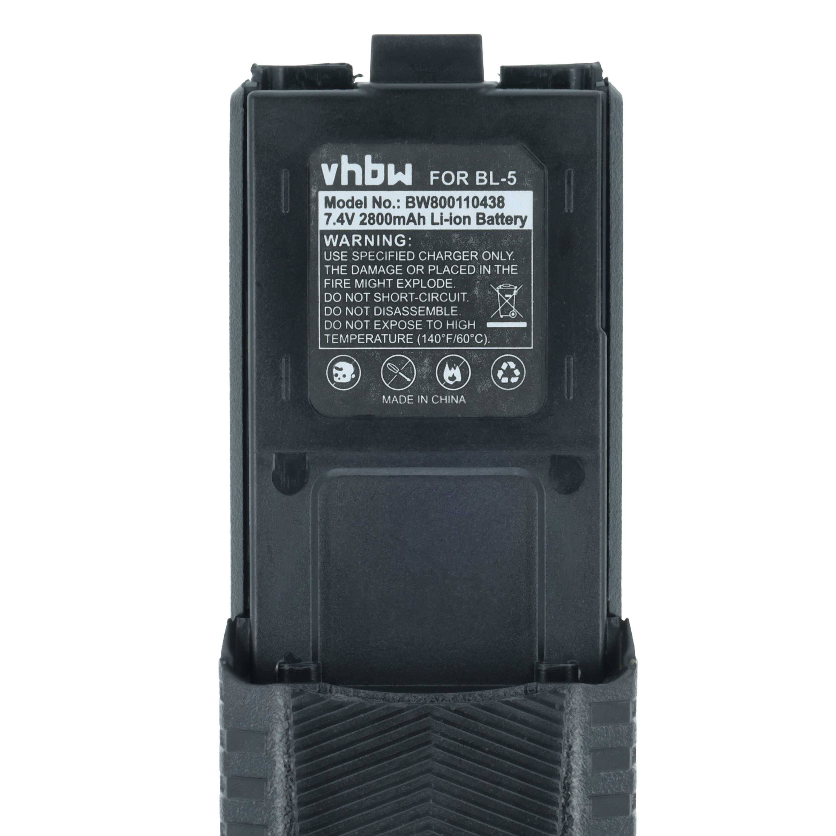 Ein schwarzer vhbw Akkupack Modell BL-5 mit folgenden Spezifikationen: 7,4V, 2800mAh (Li-Ion). Warnhinweise umfassen das Vermeiden von Kurzschlüssen und hohen Temperaturen.