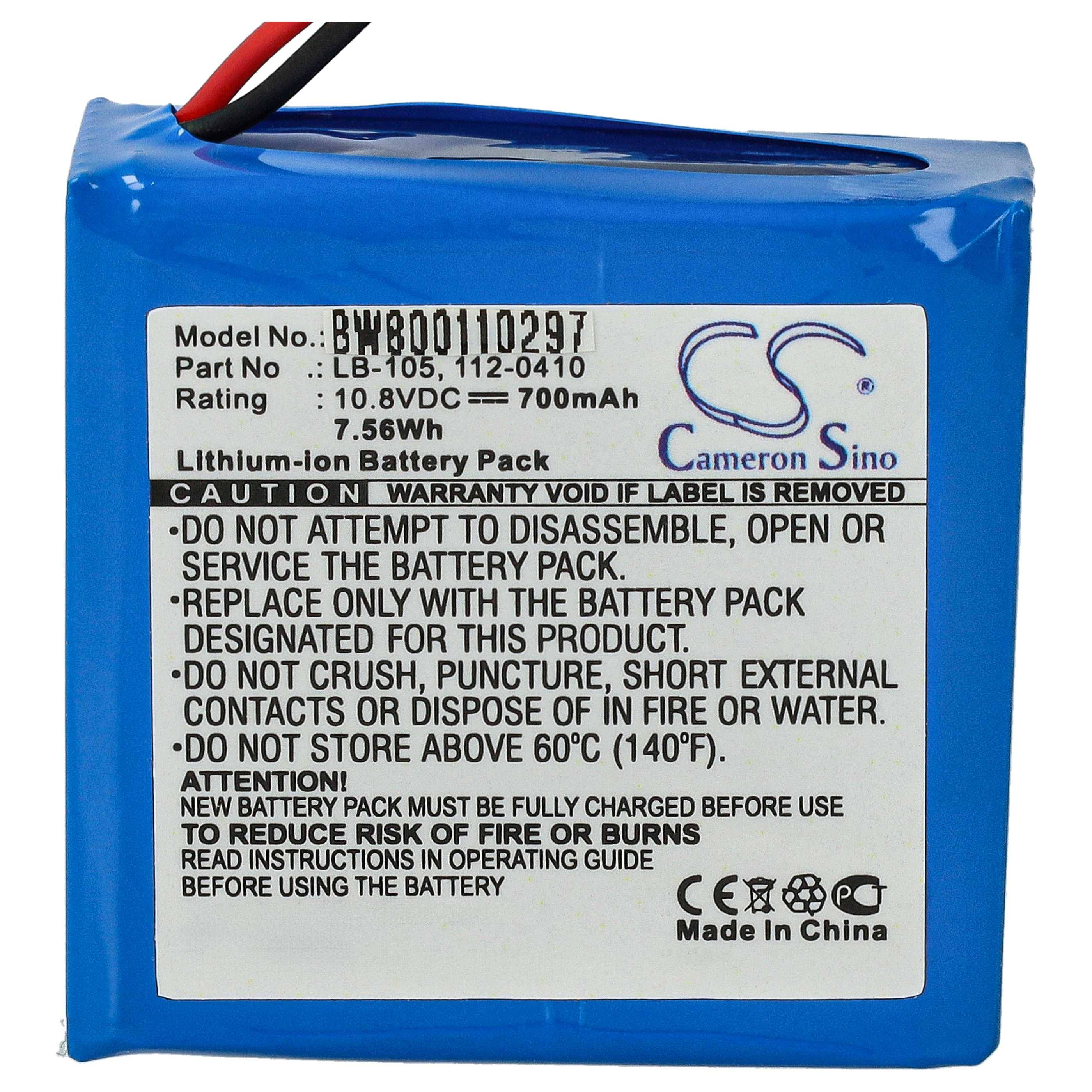 Ein blaues Lithium-Ionen-Batteriepaket mit einem Etikett, das Modellnummer, Spannung, Kapazität und Sicherheitswarnungen enthält, einschließlich Temperaturlimits.