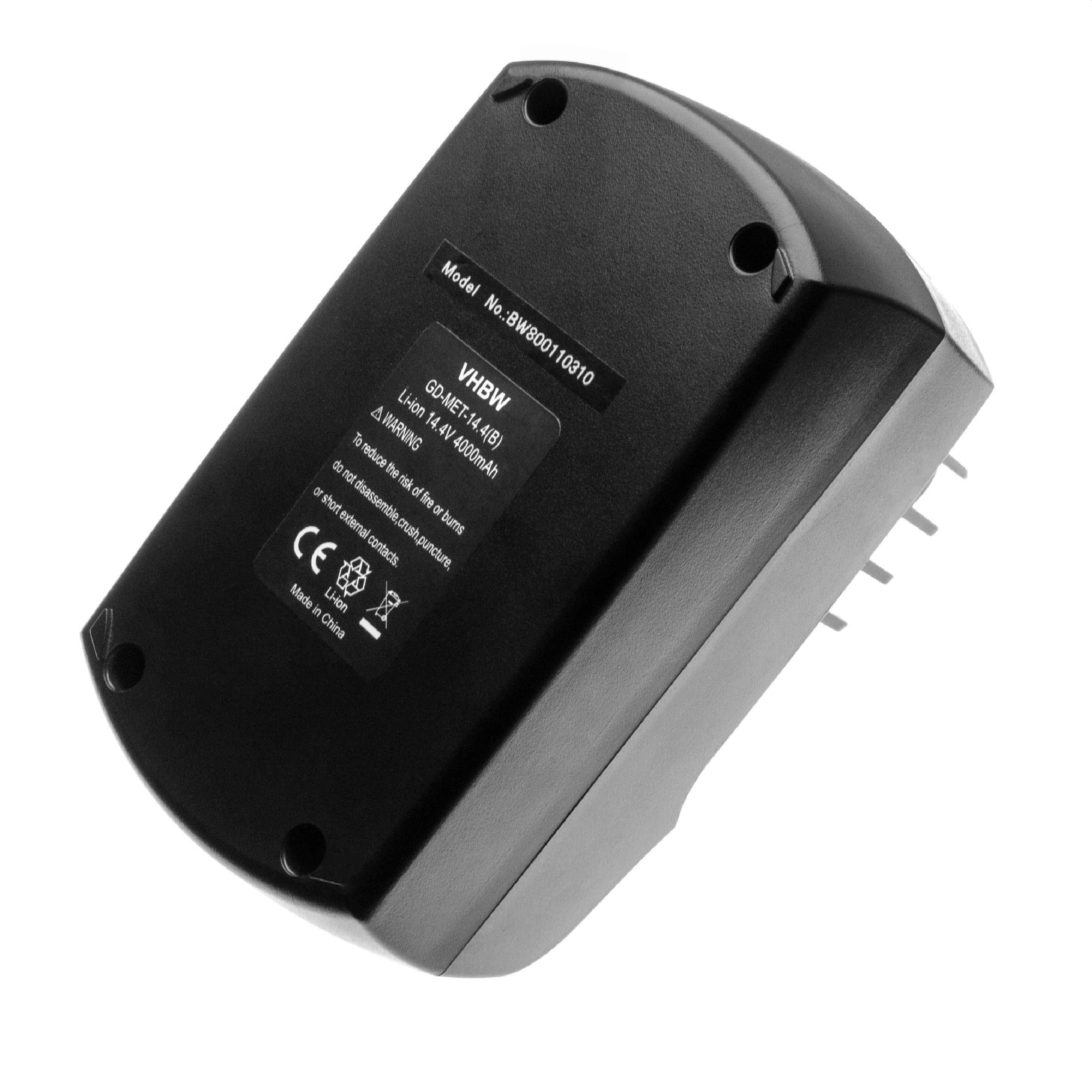 Ein schwarzes elektronisches Gerät mit einem Etikett, das Spezifikationen und Sicherheitssymbole anzeigt, mit Zinken zur Wandmontage auf einer Seite.