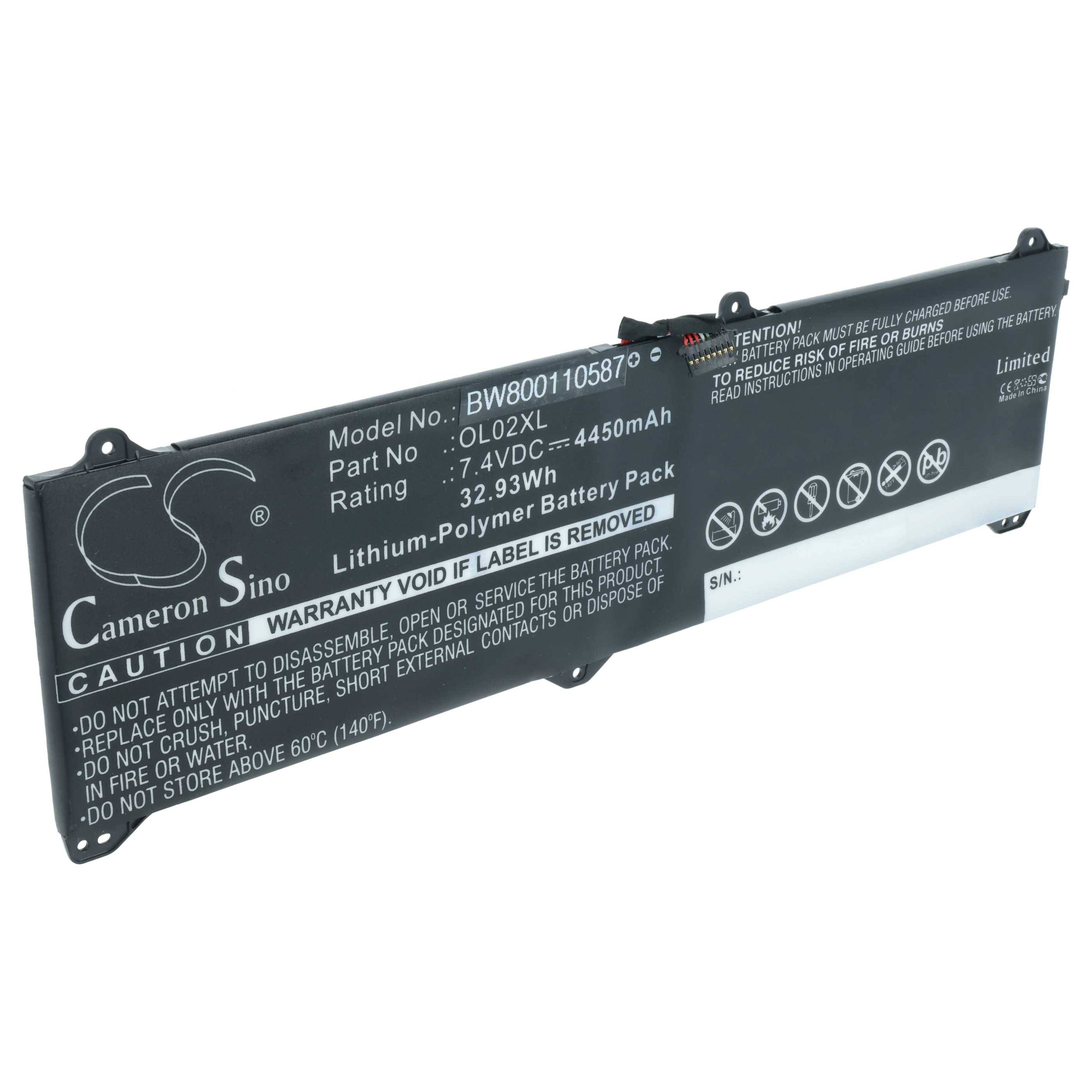 Lithium-Polymer-Akkupack, Modell-Nr. BW8001105870, 7,4 VDC, 4450 mAh, 32,93 Wh. Warnung: Nicht zerlegen oder kurzschließen.