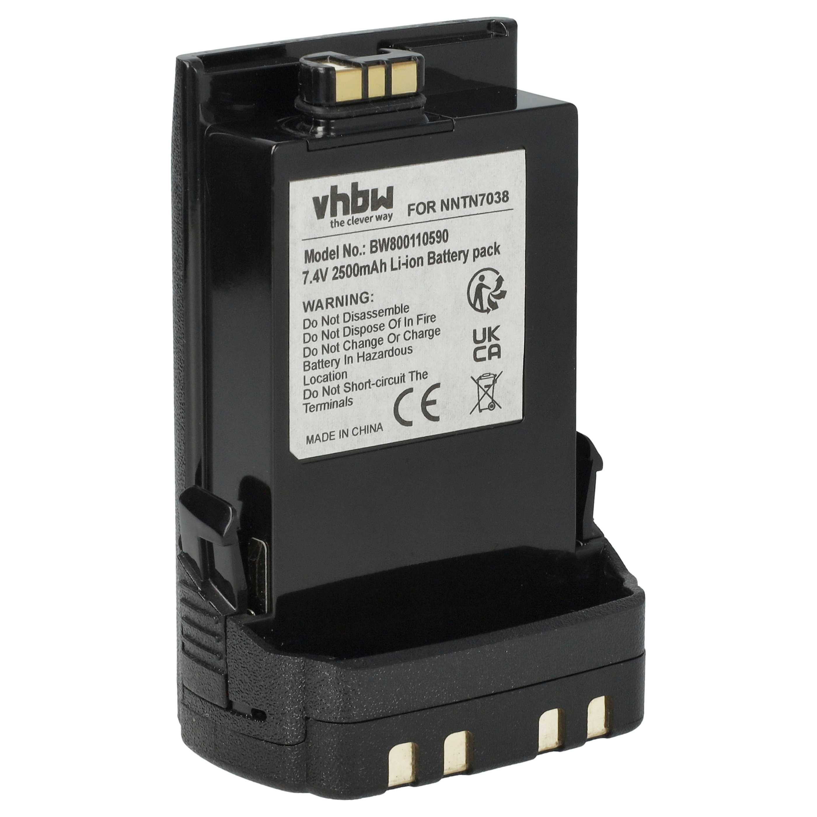 Ein schwarzer Lithium-Ionen-Akkupack mit der Beschriftung 'vhbw' und der Modellnummer BBW0110509, 7,4V 2500mAh. Enthält Warnhinweise zur Verwendung und Sicherheit.