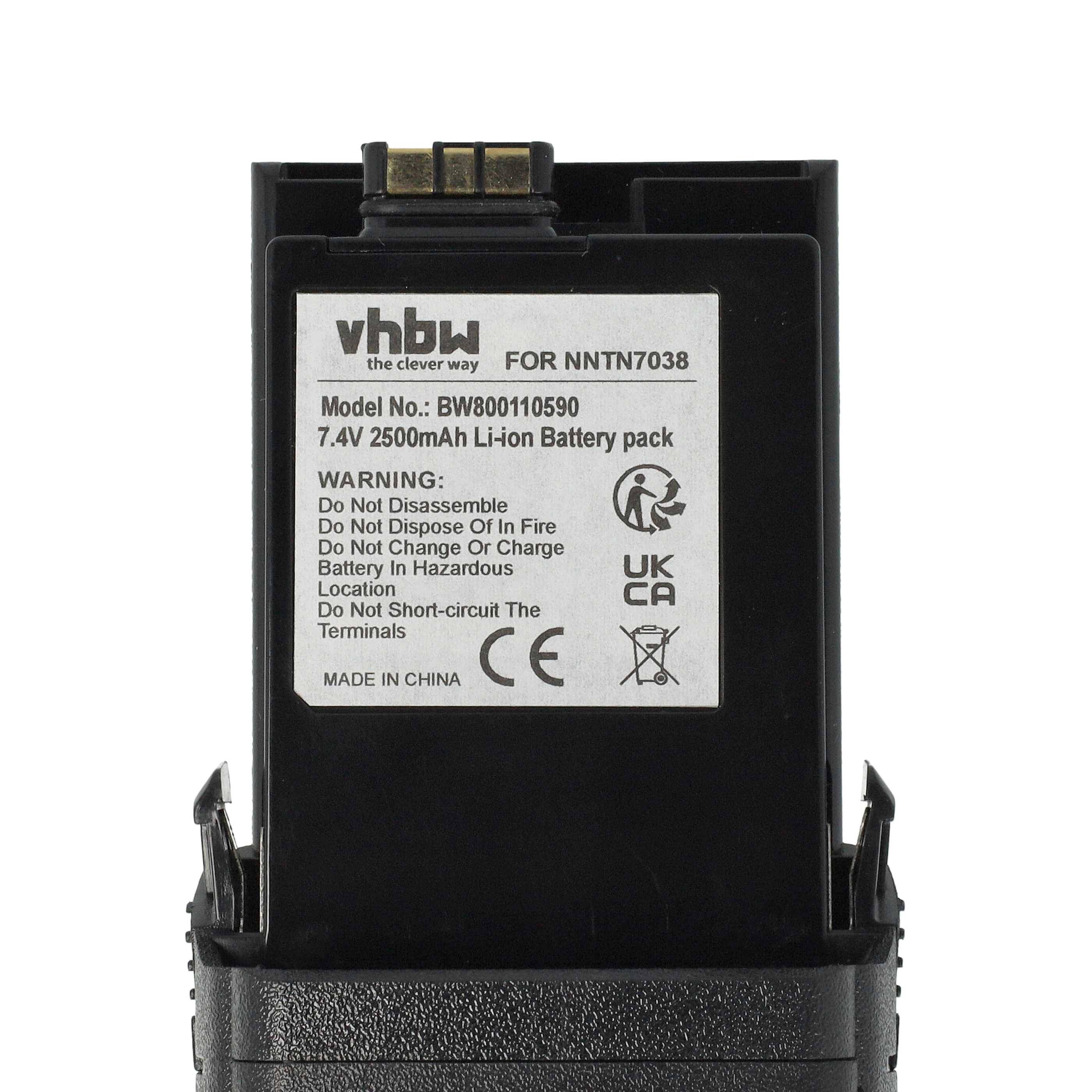 Eine schwarze vhbw Batterie, Modell BW80101590, für Motorola, mit einer Kapazität von 2500mAh, 7.4V 2500mAh Li-Ionen. Enthält Sicherheitswarnungen.