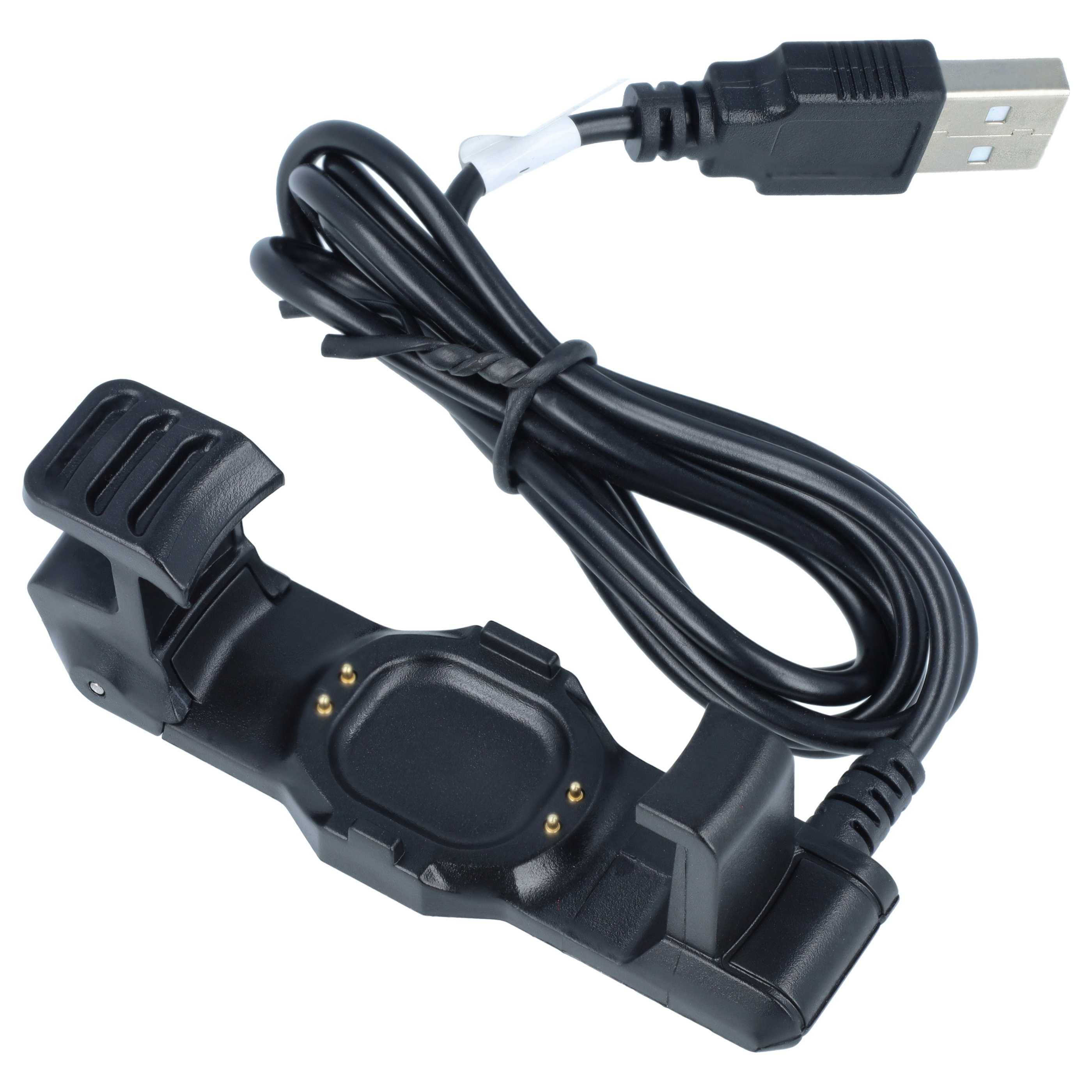 Schwarzes USB-Ladekabel mit einer aufclipbaren Gerätehalterung, aufgerollt auf weißem Hintergrund dargestellt.