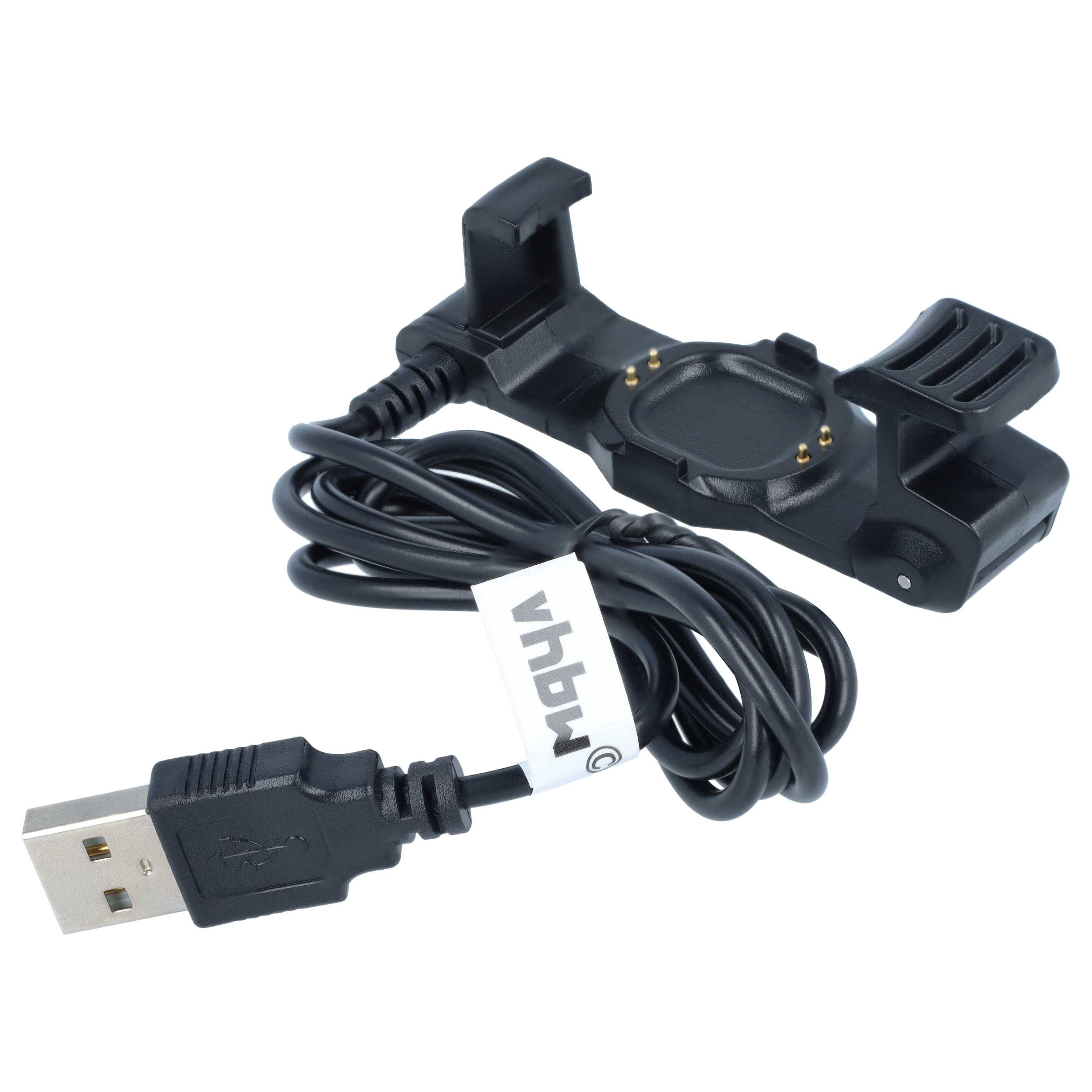 Schwarzes USB-Ladekabel mit einer aufclipbaren Smartwatch-Halterung und USB-A-Stecker auf weißem Hintergrund.