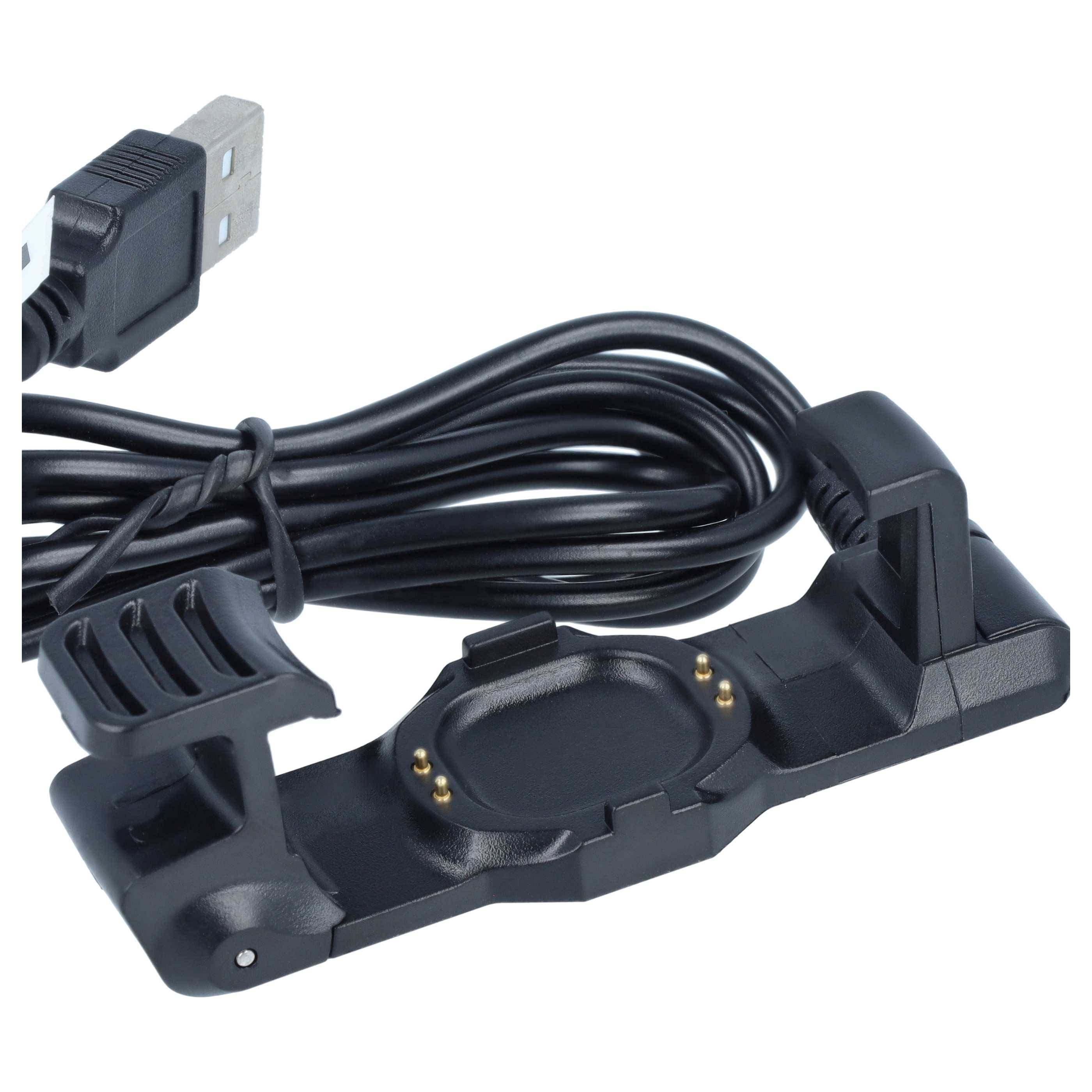 Schwarze Smartwatch-Ladestation mit angebrachtem USB-Kabel und Steckverbinder auf weißem Hintergrund.