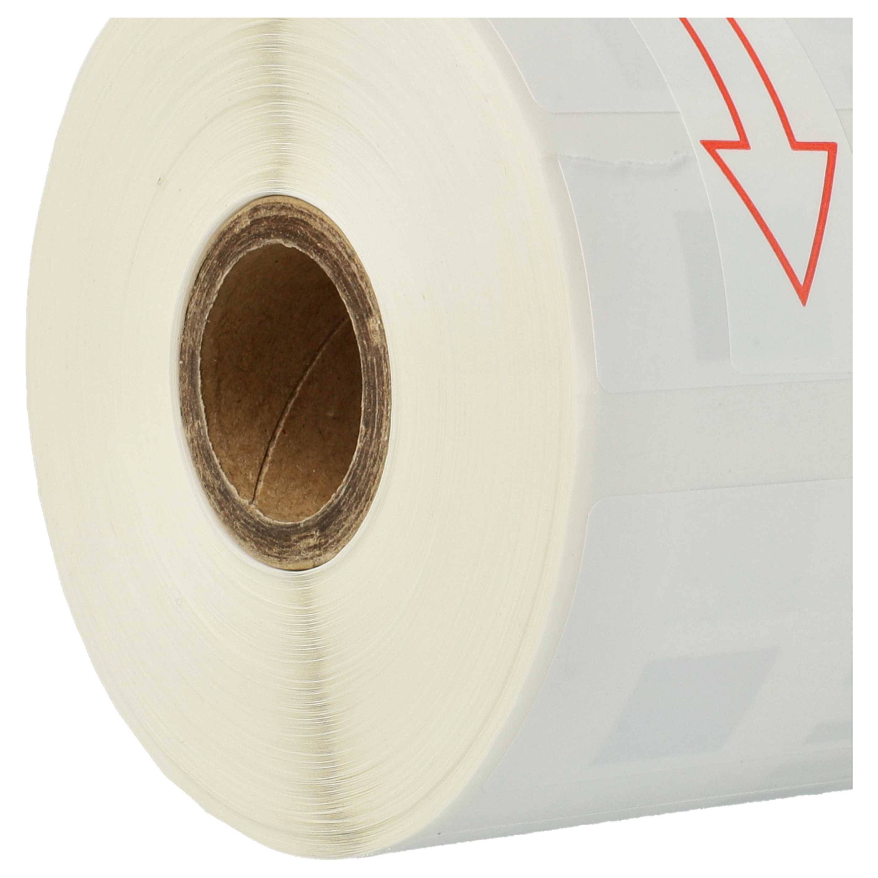 Große Rolle mit weißen Klebeetiketten oder Papiermaterial mit braunem Pappkern, in Nahaufnahme gezeigt mit einem roten Pfeil, der auf die Rolle zeigt.