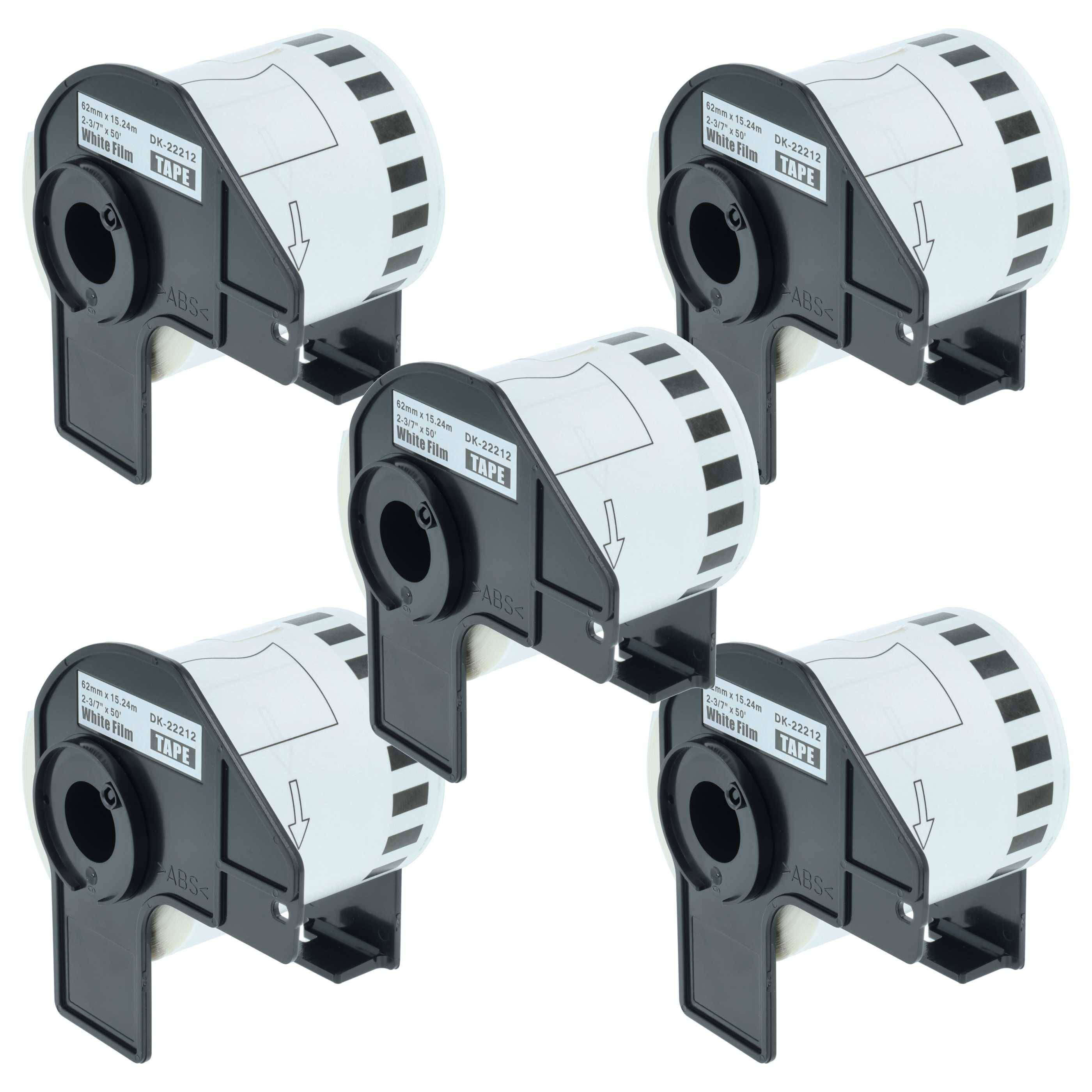 vhbw 5x Rolle 62mm x 15,24m (1 Etikette) kompatibel mit Brother PT QL-710W |, QL-720, QL-700, QL-710 Drucker Weiß mit Halter