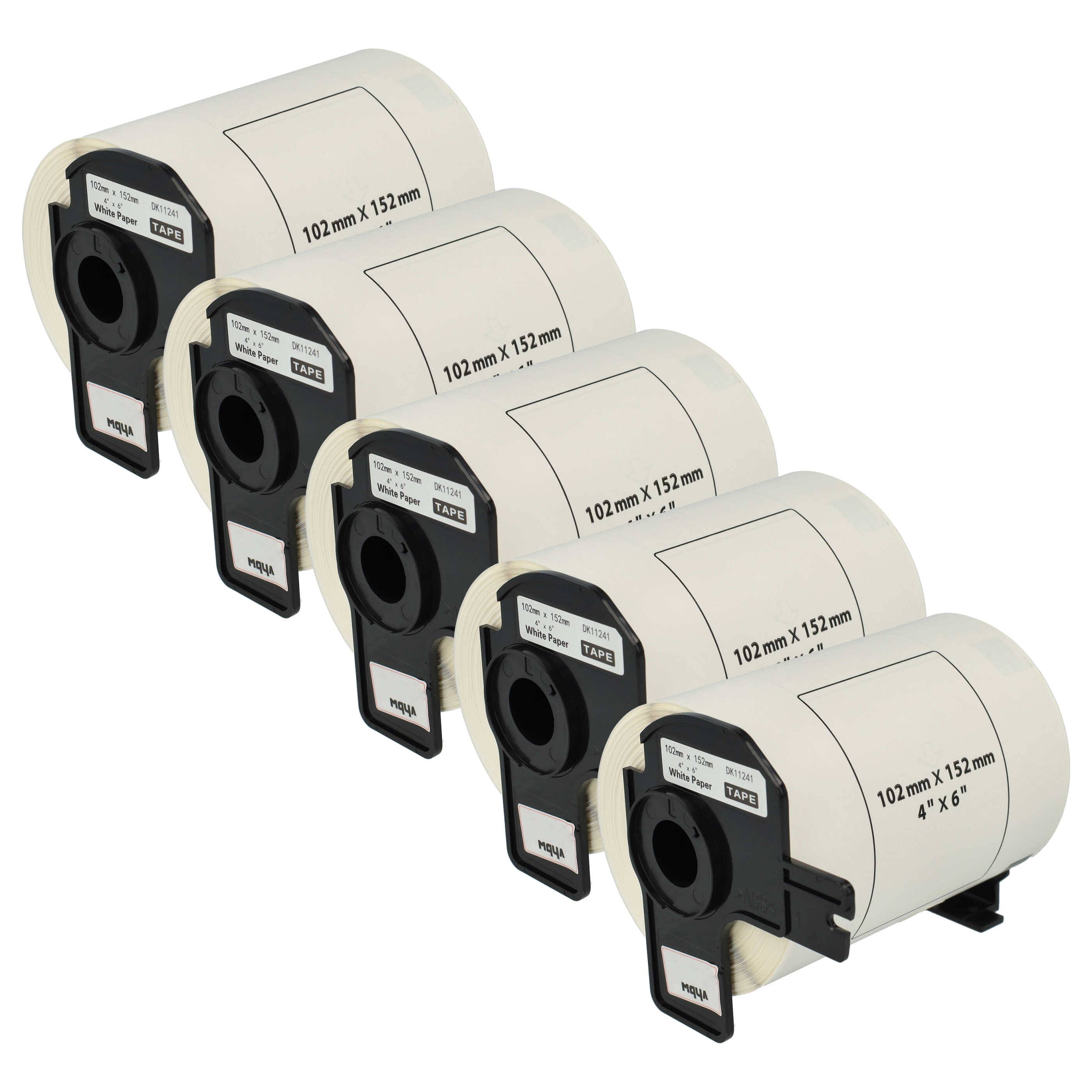 vhbw 5x Etiketten-Rolle mit Halter 102mm x 152mm (200 Etiketten) Ersatz für Brother DK-11241 für Etiketten-Drucker - Standard Weiß
