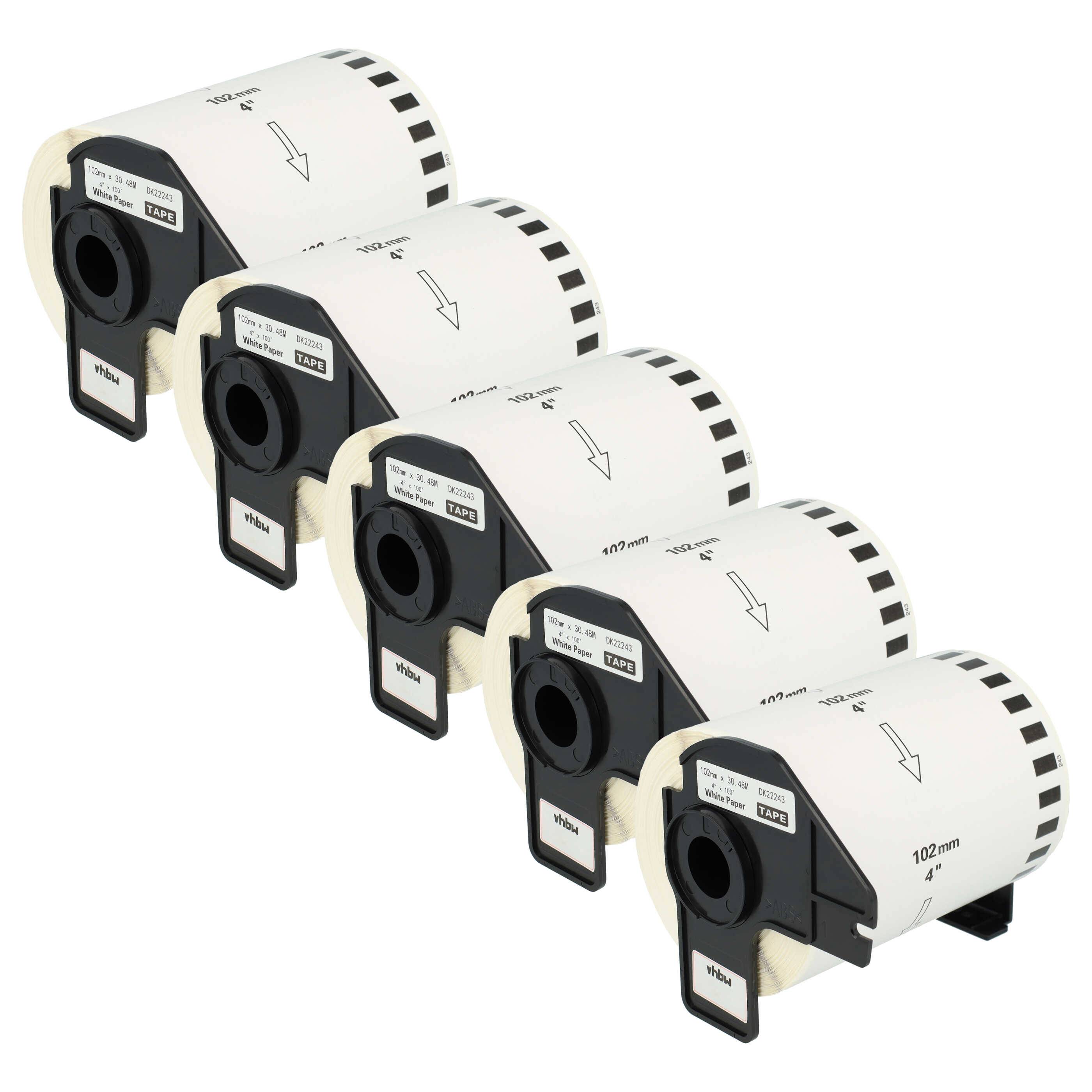 vhbw 5x Etiketten-Rolle mit Halter 102mm x 30,48m (1 Etikette) kompatibel mit Brother PT QL-1050, QL1050N, QL-1060 Etiketten-Drucker