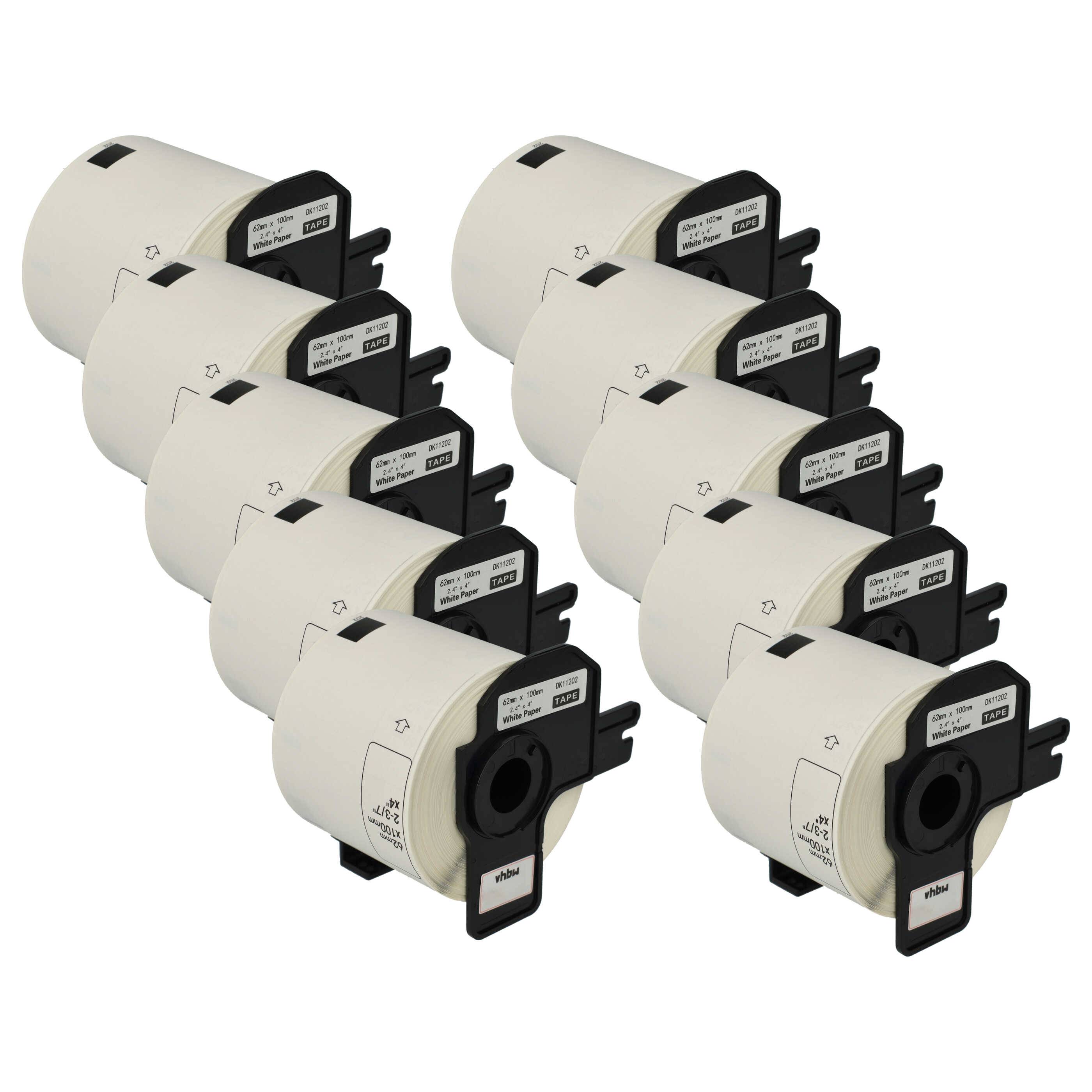 vhbw 10x Etiketten-Rolle mit Halter 62mm x 100mm (300 Etiketten) kompatibel mit Brother PT QL1060N, QL-1060 Etiketten-Drucker Weiß