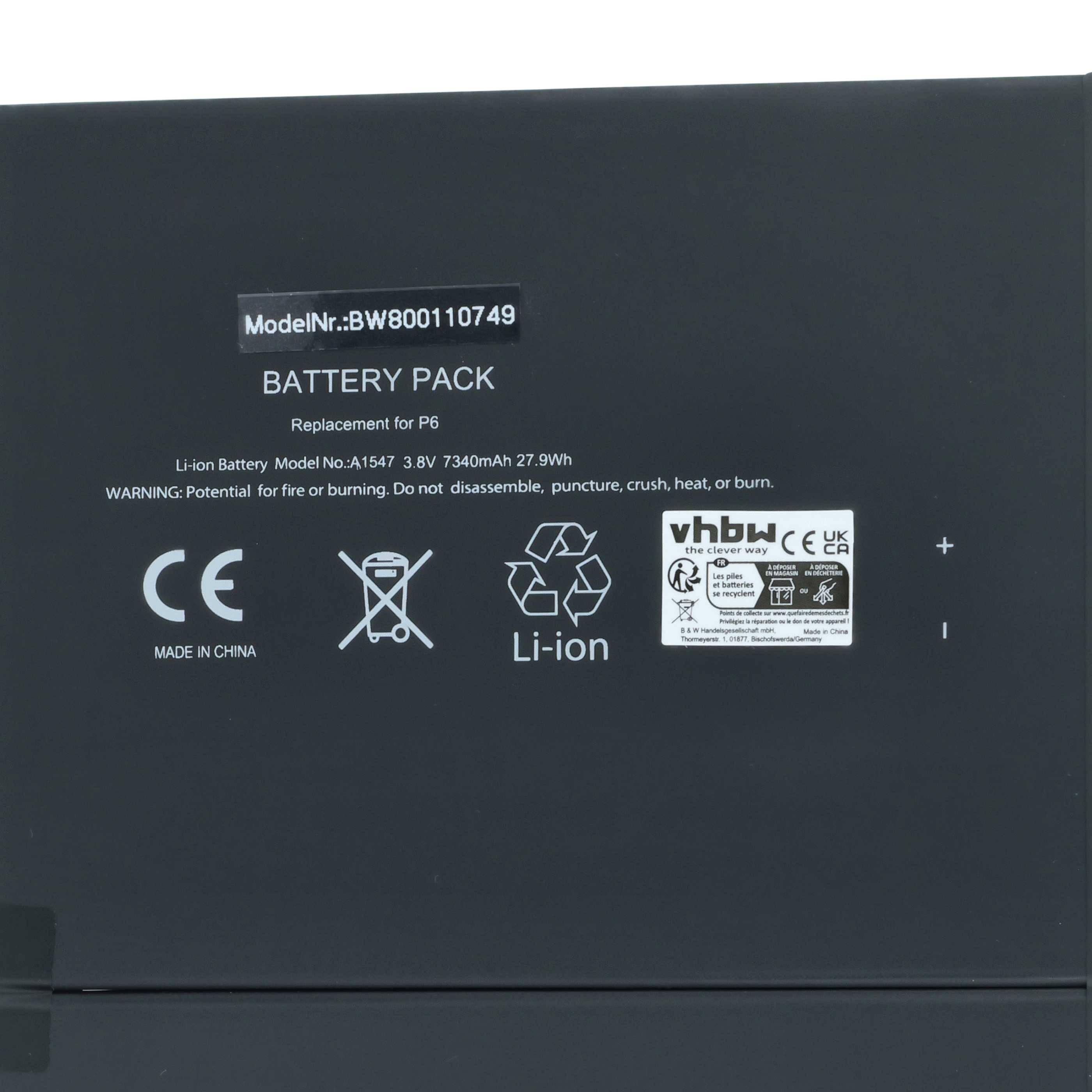 Akkupack; Modell-Nr.: BW800110749; 3,6V 3Ah; Li-Ion; Ersatz für P6. Warnung: Potenzielle Brandgefahr oder Verbrennung.