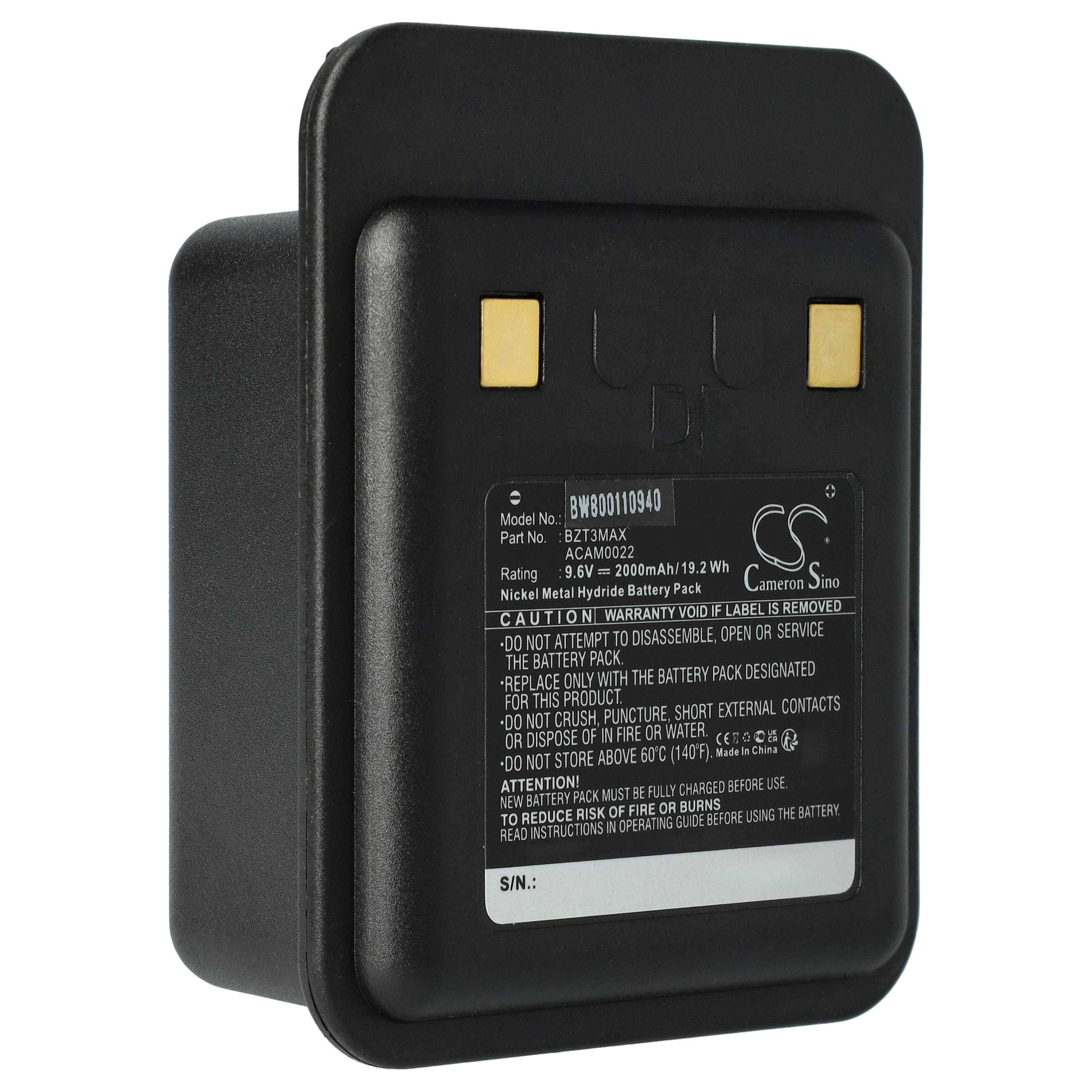 Schwarzer wiederaufladbarer Batteriepack mit zwei goldenen Kontakten und einem Warnzeichen auf der Rückseite, gezeigt vor weißem Hintergrund.