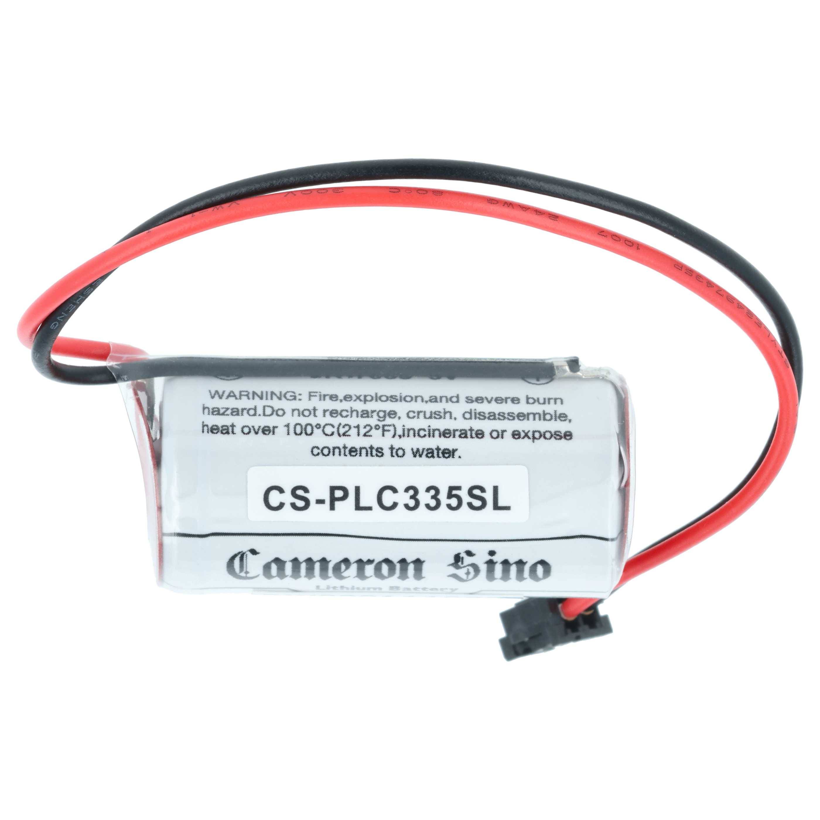 Eine zylindrische Batterie mit der Bezeichnung 'CS-PLC335SL', versehen mit roten und schwarzen Kabeln. Warnhinweis rät vom Aufladen, Zerquetschen sowie Exposition gegenüber Hitze oder Wasser ab.