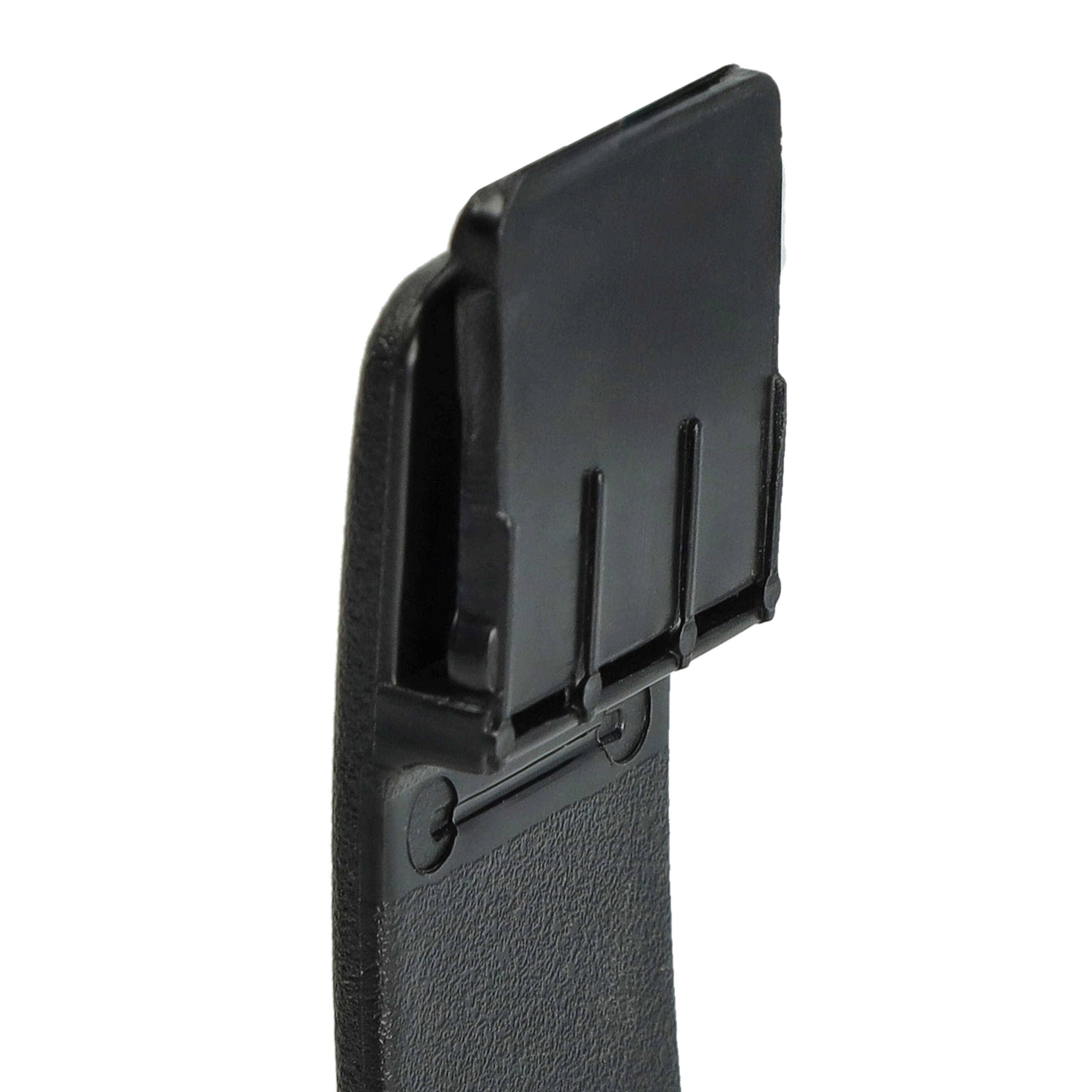 Eine Fotografie eines schwarzen Gürtelclips in rechteckiger Form, der entwickelt wurde, um sicher an einem Gürtel oder anderen Oberflächen befestigt zu werden.