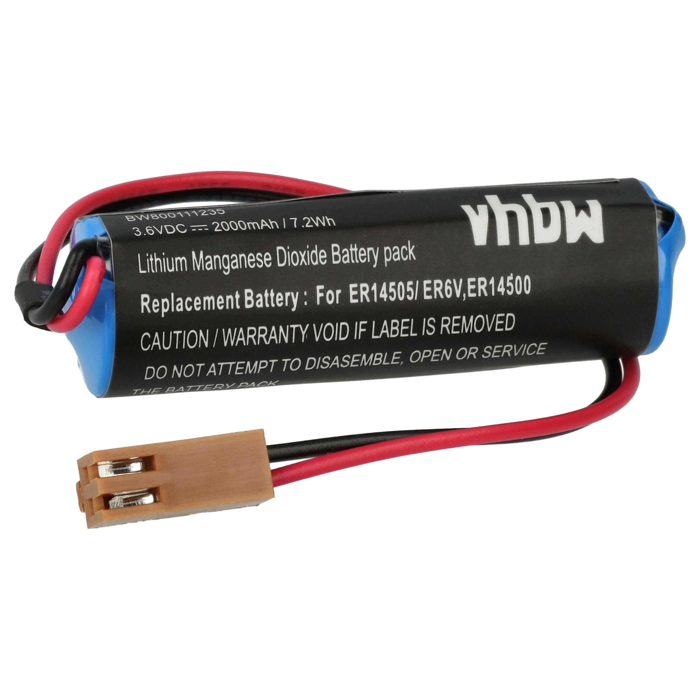 vhbw' Lithium-Mangandioxid-Batteriepack mit Anschlüssen. Spezifikationen: 3,6V, 2000mAh, 7,2Wh. Gewährleistung erlischt, wenn das Etikett entfernt wird.