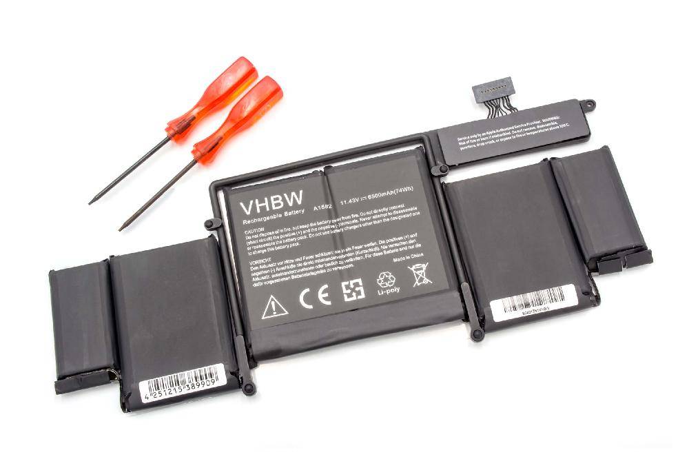 vhbw Akku kompatibel mit Apple MacBook MF839LL/A, MF841LL/A, Pro 13' 2015 Retina Notebook (6500 mAh, 11,43 V, Li-Polymer)