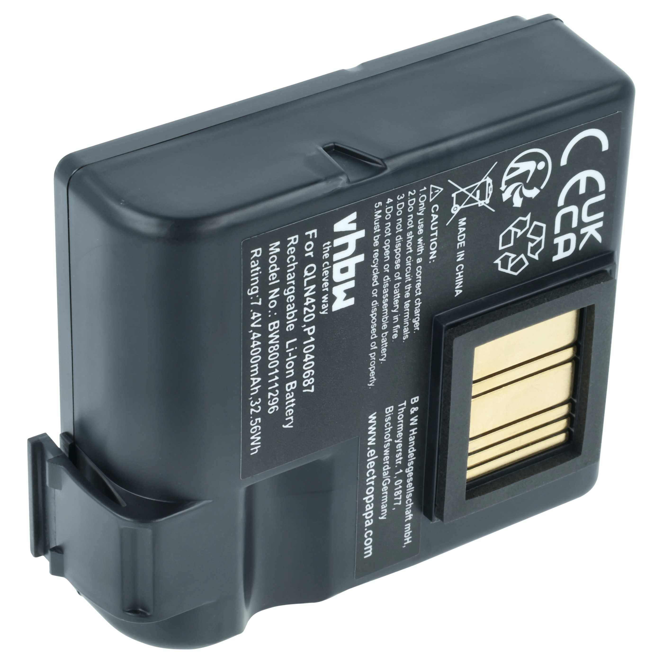 vhbw Akku kompatibel mit Zebra QLN420, ZQ630 Drucker Kopierer Scanner Etiketten-Drucker (4400 mAh, 7,4 V, Li-Ion)