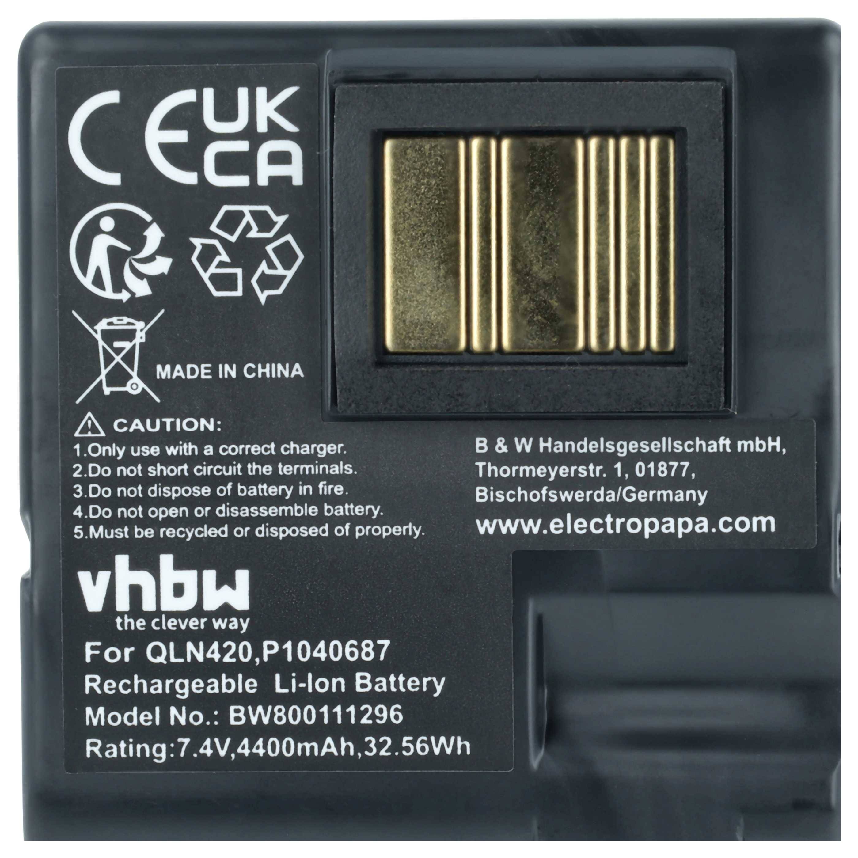 vhbw 2x Akku kompatibel mit Zebra QLN420, ZQ630 Drucker Kopierer Scanner Etiketten-Drucker (4400 mAh, 7,4 V, Li-Ion)