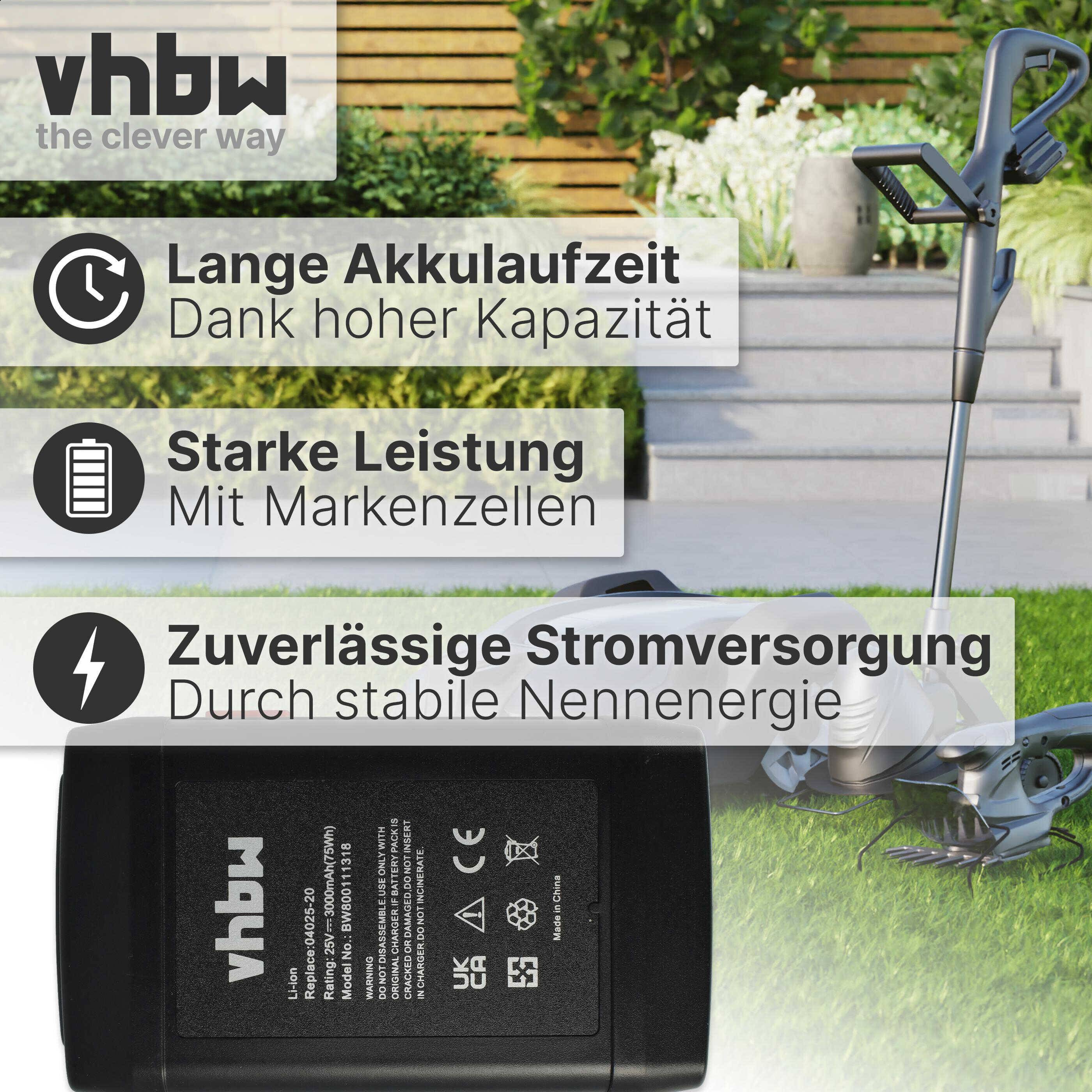 vhbw Akku Ersatz für Gardena 8838, 8838-U, 8838U, 04025-20, 8838-20, 4025 für Rasenmäher (3000mAh, 25V, Li-Ion)