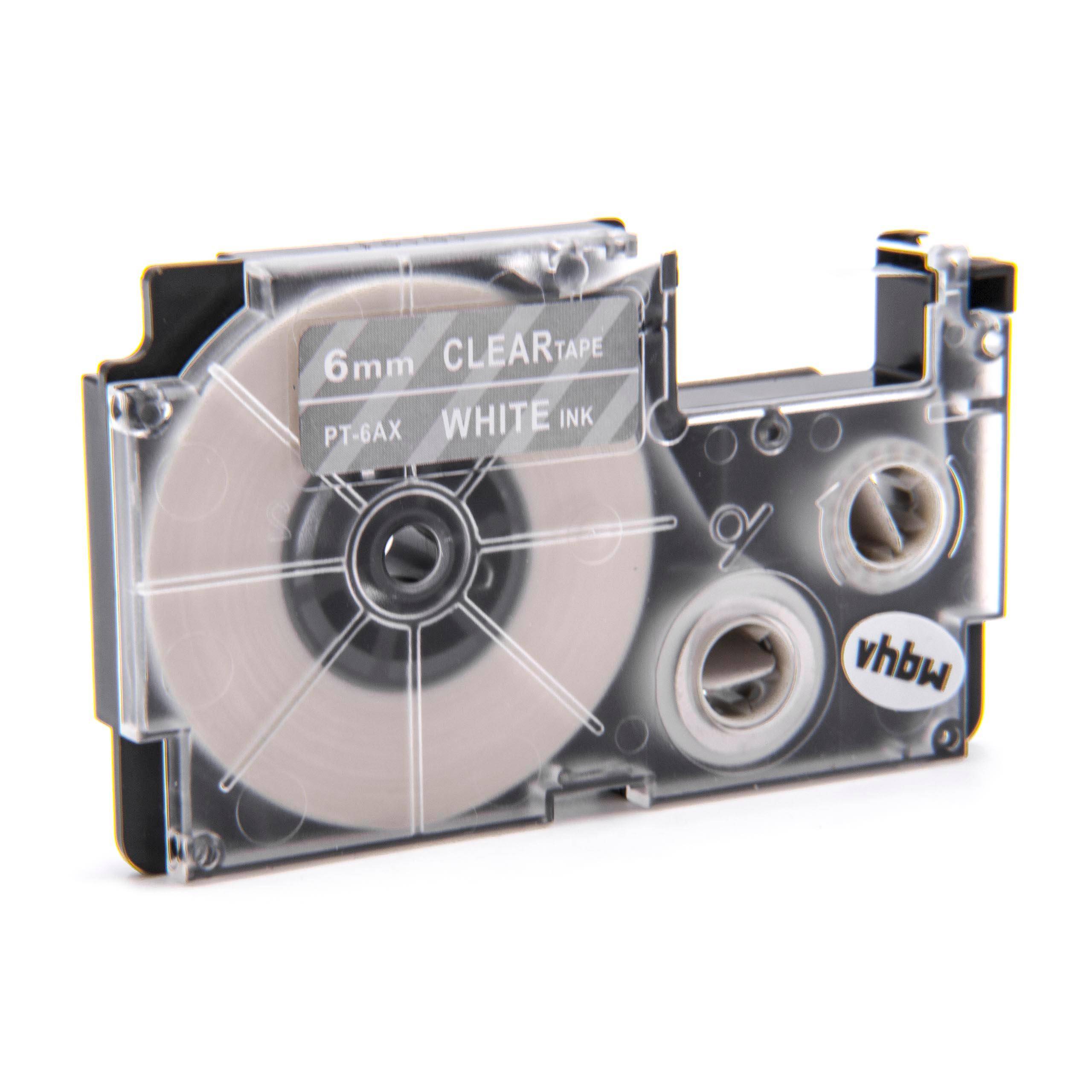 vhbw Schriftband-Kassette kompatibel mit Casio KL-C500, KL-8200, KL-P1000, KL-HD1, KL-G2 Etiketten-Drucker 8m x 6mm Weiß auf Transparent