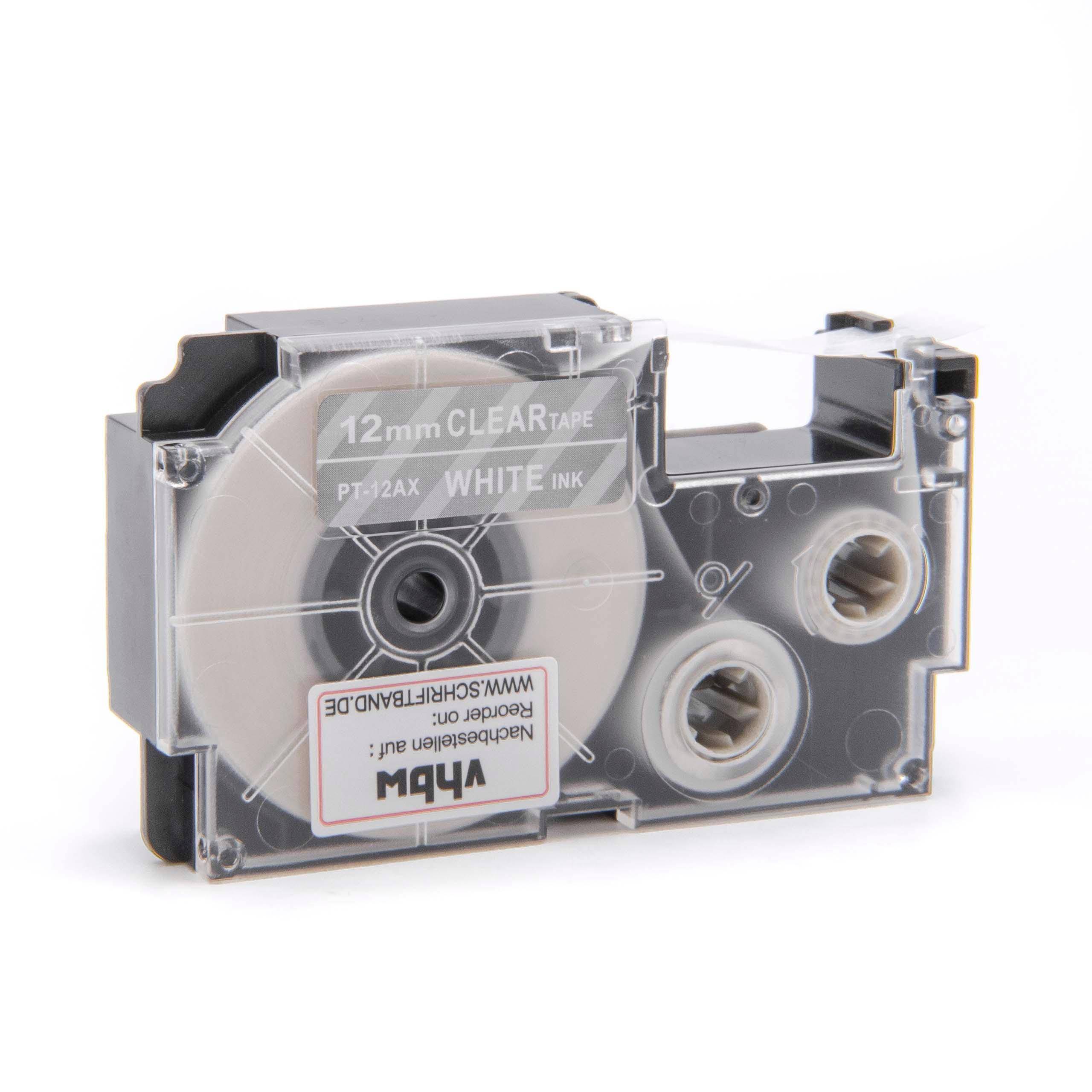 vhbw Schriftband-Kassette kompatibel mit Casio KL-750E | KL-8100, KL-7400, KL-820, KL-780, KL-7200 Etiketten-Drucker 8m x 12mm Weiß auf Transparent
