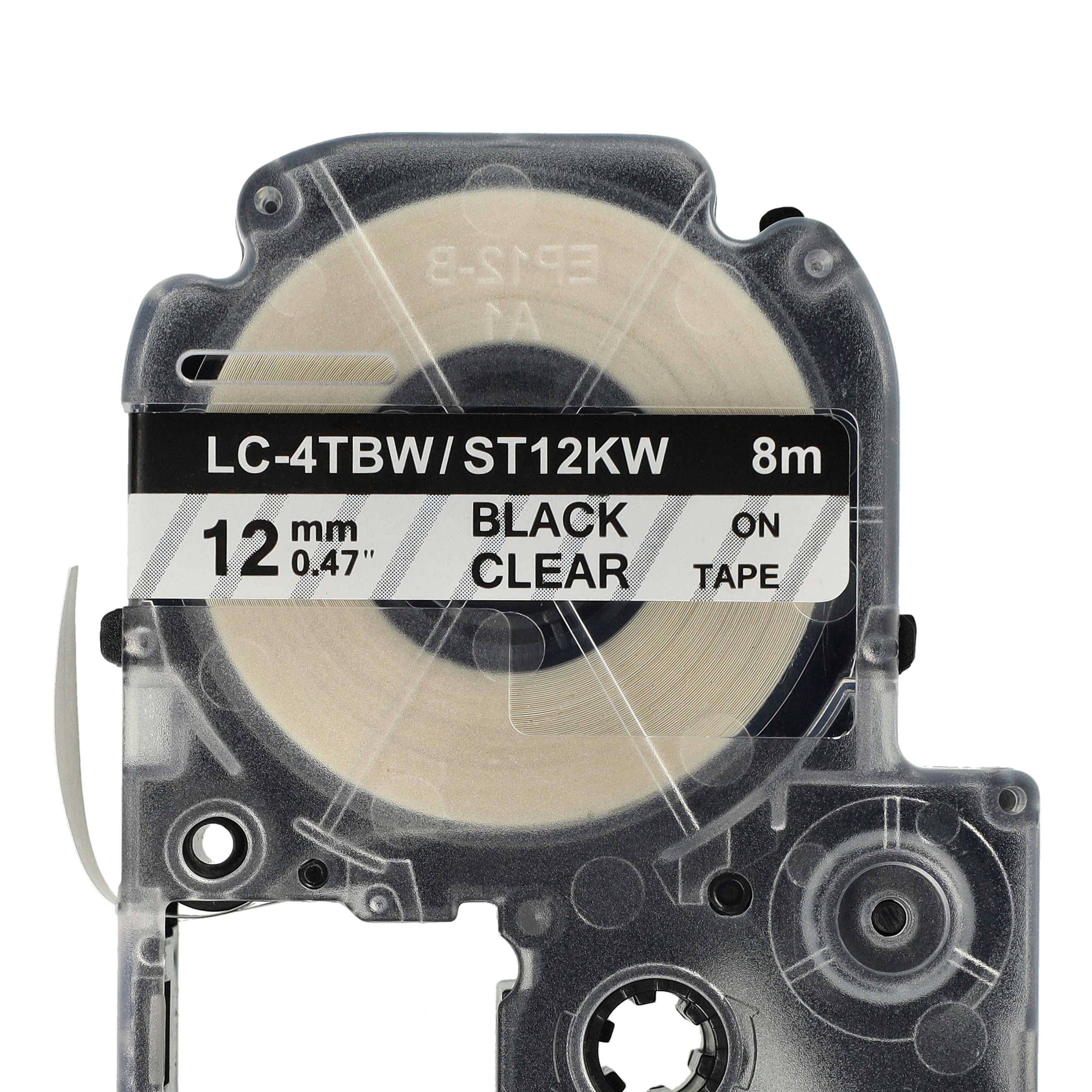 vhbw Schriftband-Kassette kompatibel mit Epson LabelWorks LW-1000P | LW-600P Etiketten-Drucker 8m x 12mm Schwarz auf Transparent