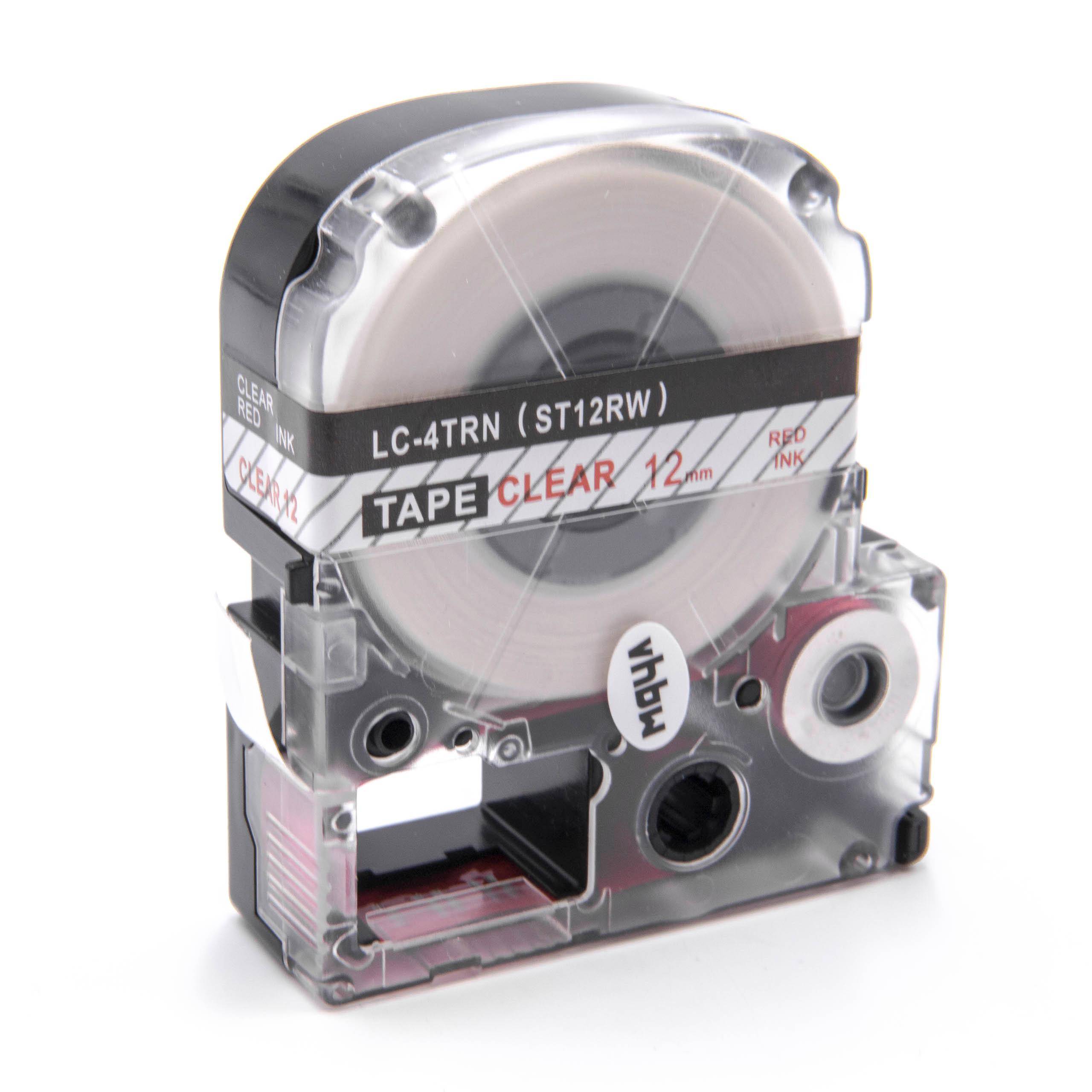 vhbw Schriftband-Kassette kompatibel mit KingJim SR-PBW1, SR-RK1 Etiketten-Drucker 8m x 12mm Rot auf Transparent, Kunststoff