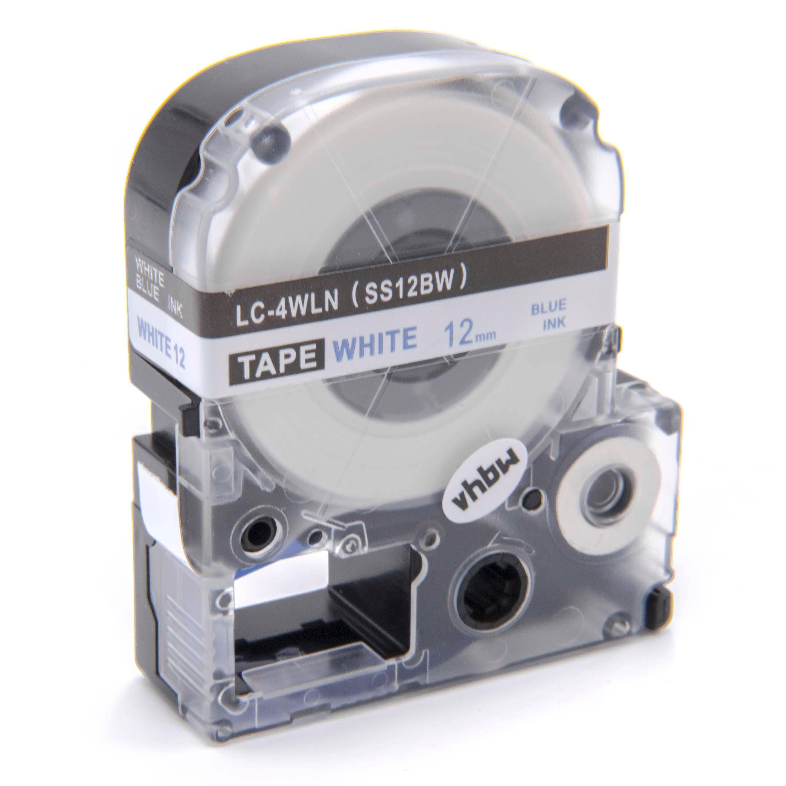 vhbw Schriftband-Kassette kompatibel mit Epson OK200, LW-400, LW-300, LW-900P, LW-500, LM-700 Etiketten-Drucker 8m x 12mm Blau auf Weiß, Kunststoff
